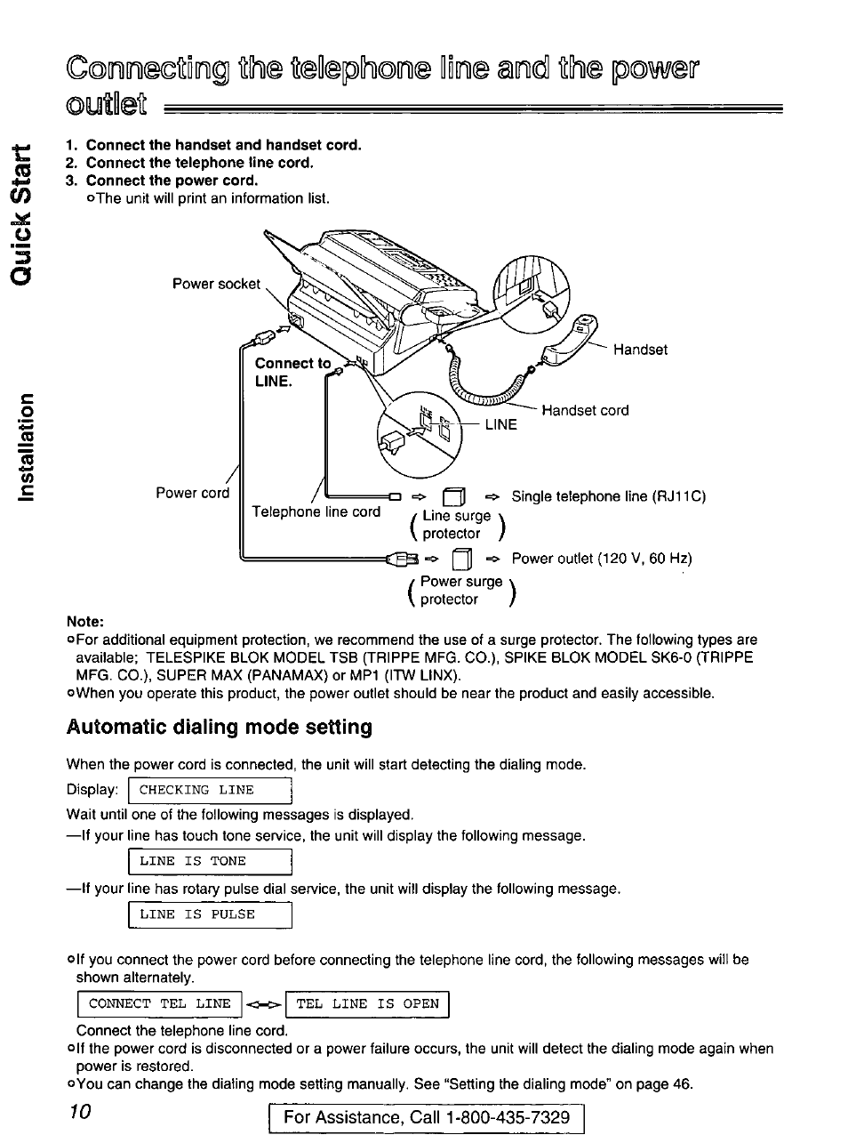 Automatic dialing mode setting, Conosctsog iha tetephoine iioi© aod, Power ouilett | Panasonic KX-FP200 User Manual | Page 10 / 80