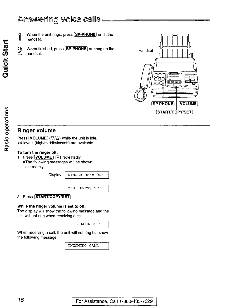 Aoswerimig ¥©i(s@ ©alls, Ringer volume, To turn the ringer off | While the ringer volume is set to off | Panasonic KX-FP200 User Manual | Page 16 / 80