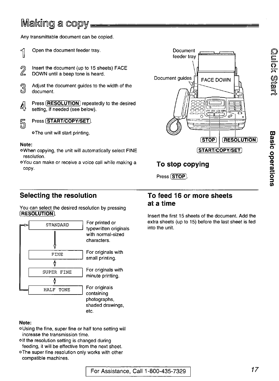 Akinig a e©py, Note, To stop copying | Selecting the resolution, To feed 16 or more sheets at a time | Panasonic KX-FP200 User Manual | Page 17 / 80