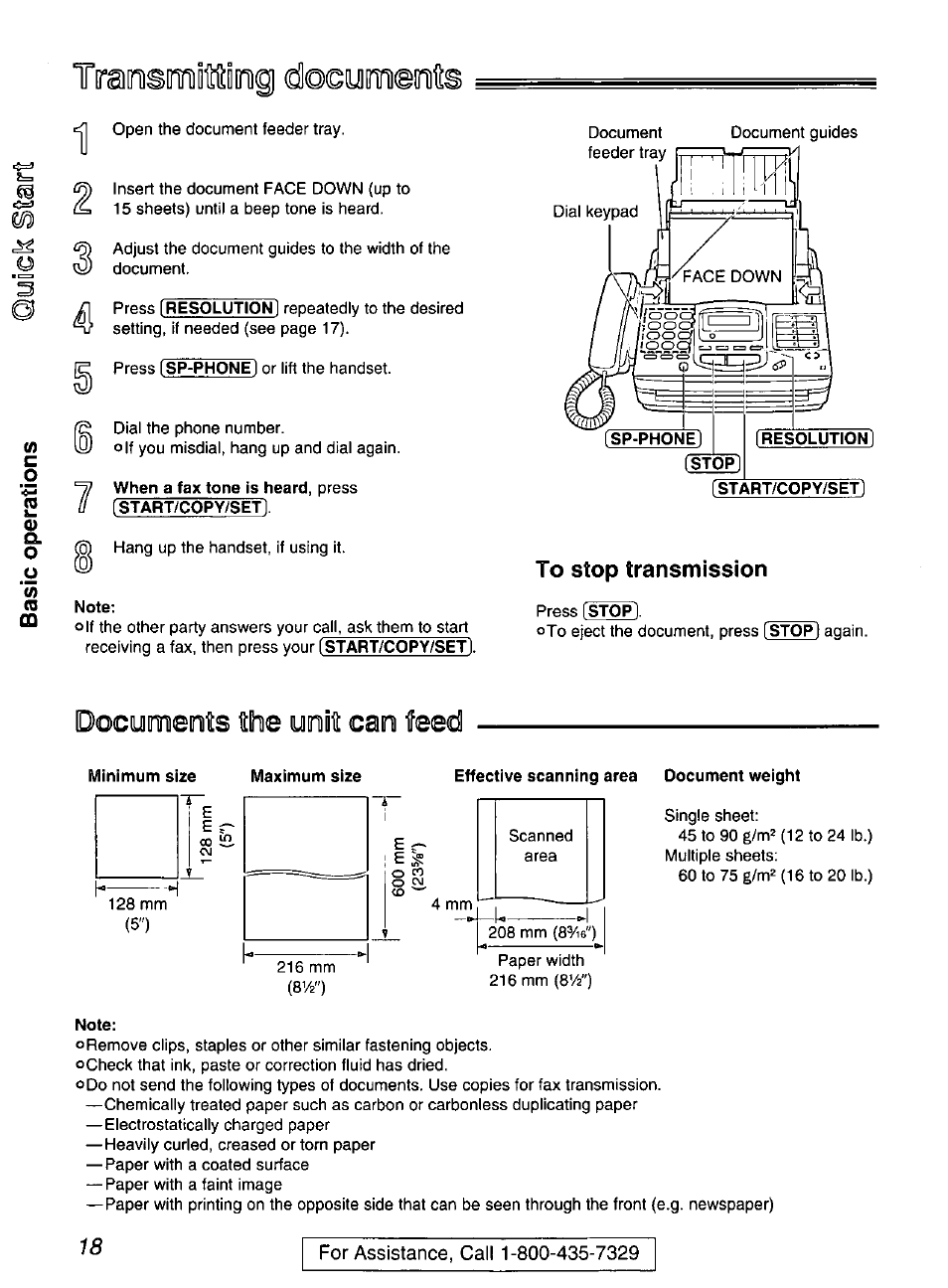 Traoismsmioo doeynmeoiiii, Note, To stop transmission | Docomeots the oiniii cam feed, Effective scanning area document weight | Panasonic KX-FP200 User Manual | Page 18 / 80