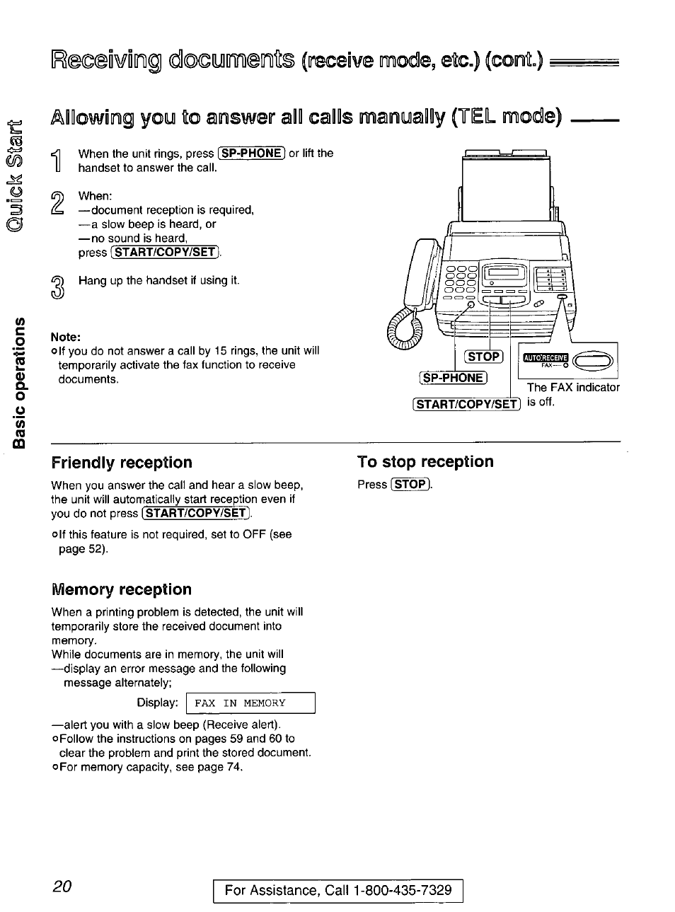 Friendly reception, To stop reception, I\/lemory reception | Panasonic KX-FP200 User Manual | Page 20 / 80