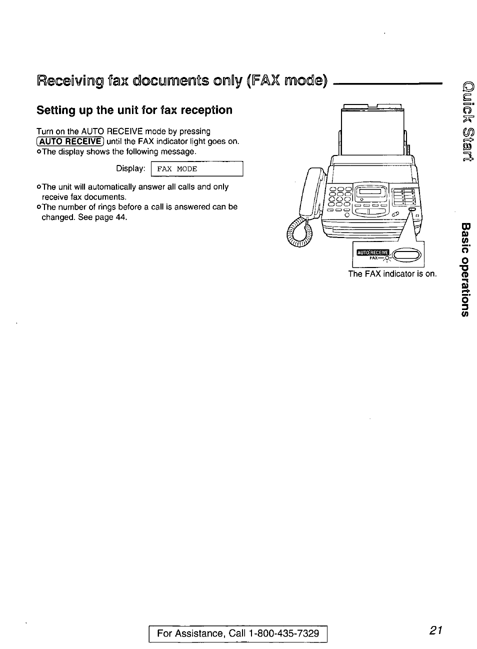 Receiviing fax docymeots only (fax mode), Setting up the unit for fax reception | Panasonic KX-FP200 User Manual | Page 21 / 80
