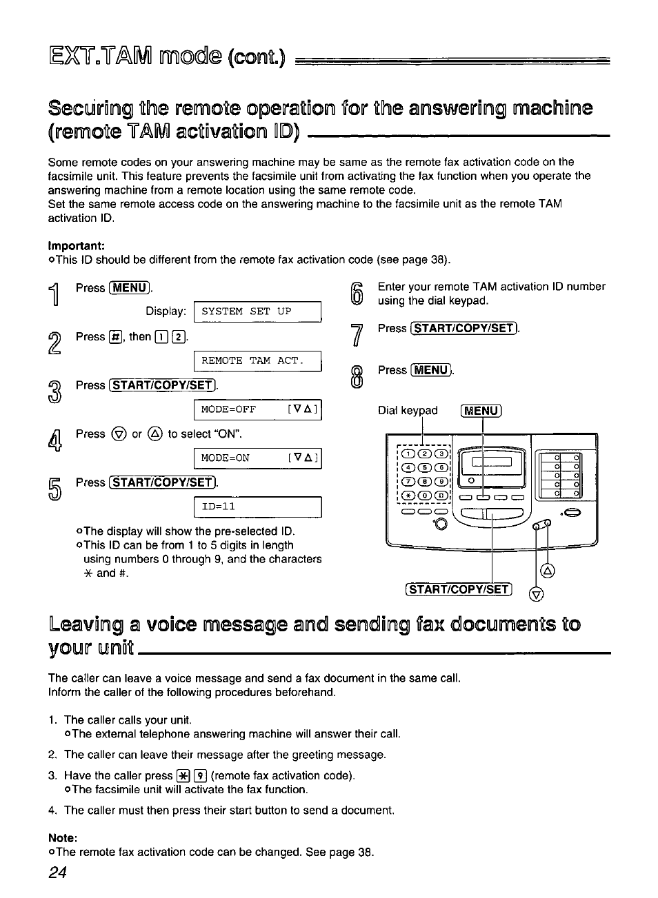 Xtotai^i mode (coni), Important, Press fstart/copy/setl | Note, Xtotai^i mode | Panasonic KX-FP200 User Manual | Page 24 / 80