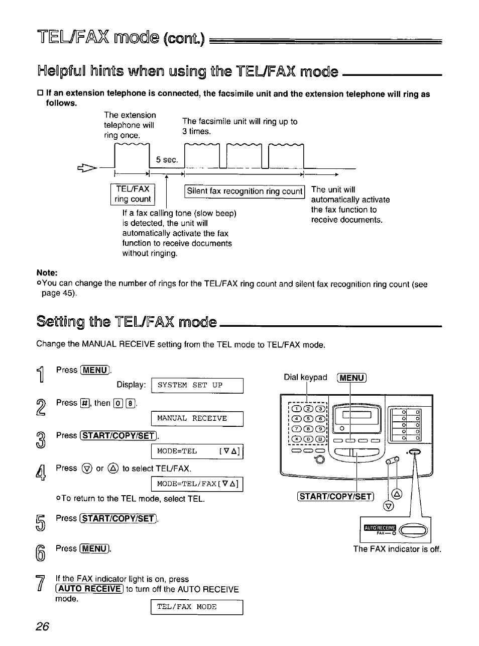 Tel/fax rnmcxdl© (coni), Helpful! hints when using the tel/fax mode, Note | Settoimg the tel/fax mode, Press (start/copy/set) | Panasonic KX-FP200 User Manual | Page 26 / 80