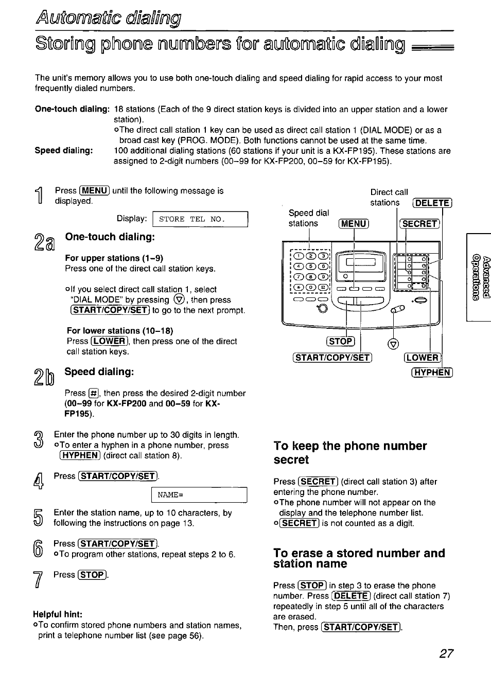 Stoiriog pdi©bi© oymbers foir aytomsiti© dialing, For upper stations (1-9), For lower stations (10-18) | Press [start/copy/set), Press (start/copy/set), Press (stop), Helpful hint, To keep the phone number secret, To erase a stored number and station name, Then, press (start/copy/set) | Panasonic KX-FP200 User Manual | Page 27 / 80