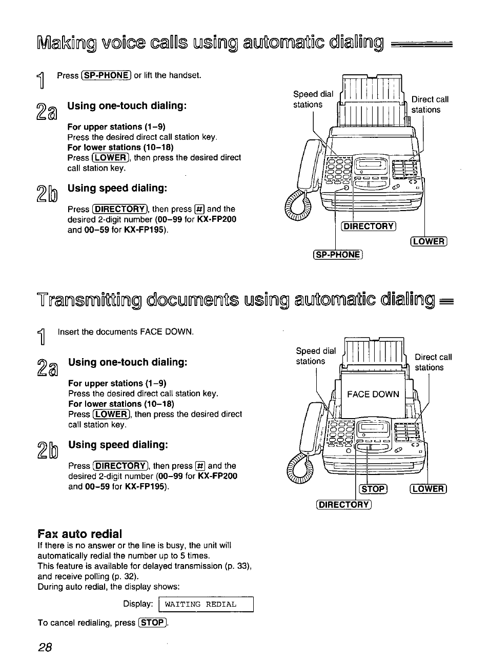 For upper stations (1 -9), For upper stations (1-9), Fax auto redial | Panasonic KX-FP200 User Manual | Page 28 / 80