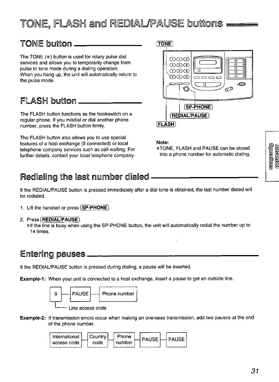 Tone, flasn and redial/fause bytoni, Redialimig №e last numbeir dialed, Enteiriinig pauses | Tone, flash and redial/pause buttons | Panasonic KX-FP200 User Manual | Page 31 / 80