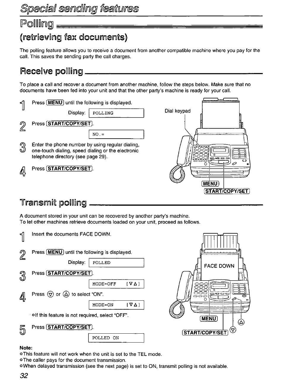 Pollimg, Reltirievinig fax documeote), Receive polliog | Traosmit polliog, Press (start/copy/setl, Polling (retrieving fax documents) | Panasonic KX-FP200 User Manual | Page 32 / 80