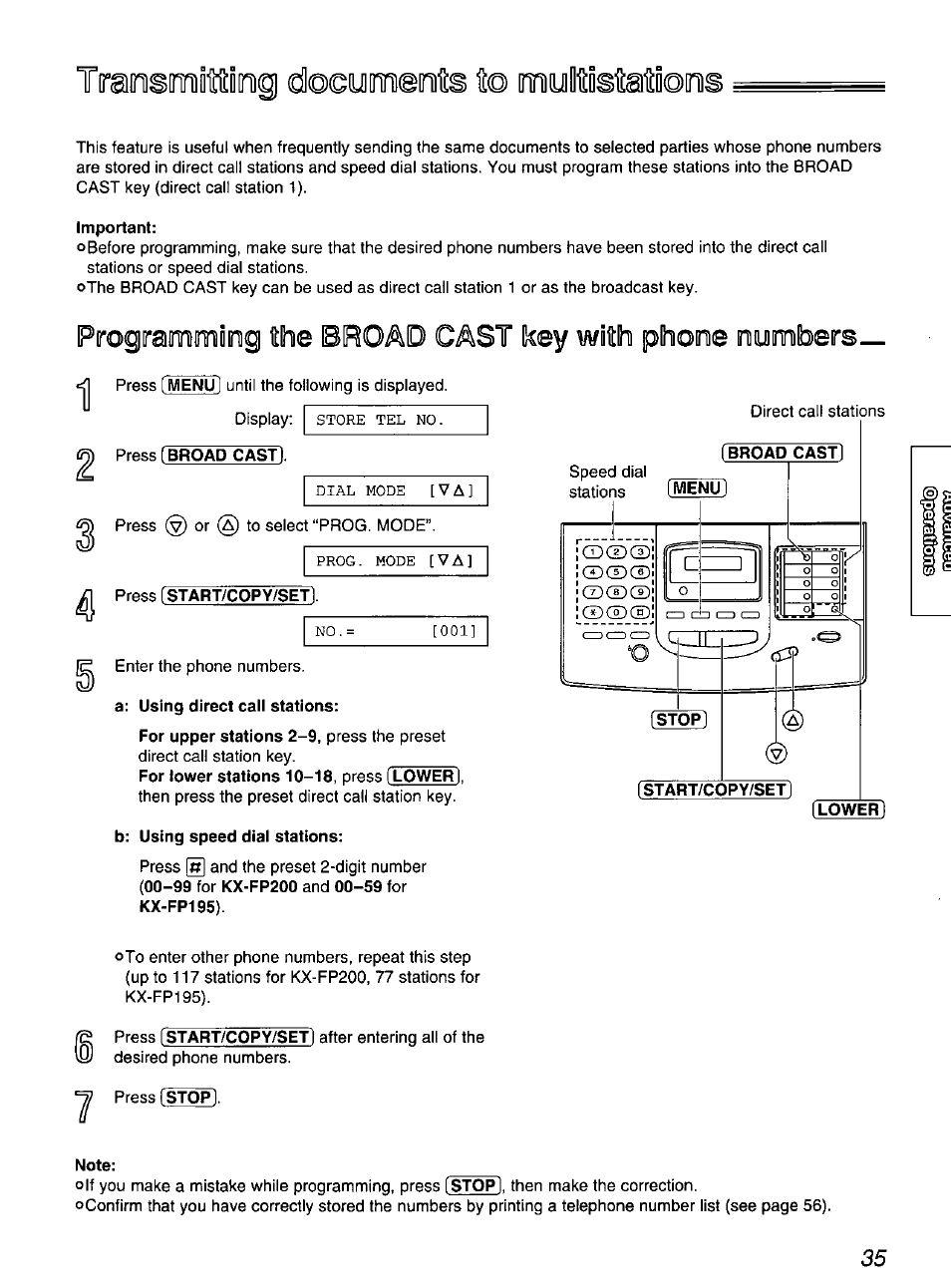 Traosmitiidig d©©ym©niis to mylliismiodis, Important, Programming the broad cast key with phone numbers | A: using direct cail stations, B: using speed dial stations, Broad cast, Stop, Start/copy/set, Lower, Note | Panasonic KX-FP200 User Manual | Page 35 / 80