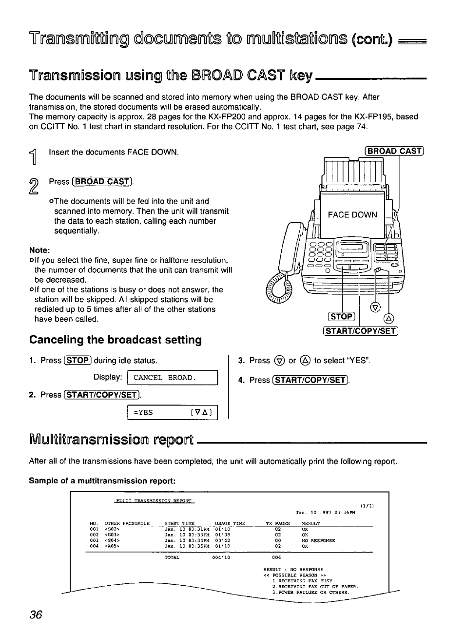 Note, Canceling the broadcast setting, Press [st^t/copy/setl | Multiiraosmissioini report, Cont) traosmissooin ysong the broad cast key | Panasonic KX-FP200 User Manual | Page 36 / 80