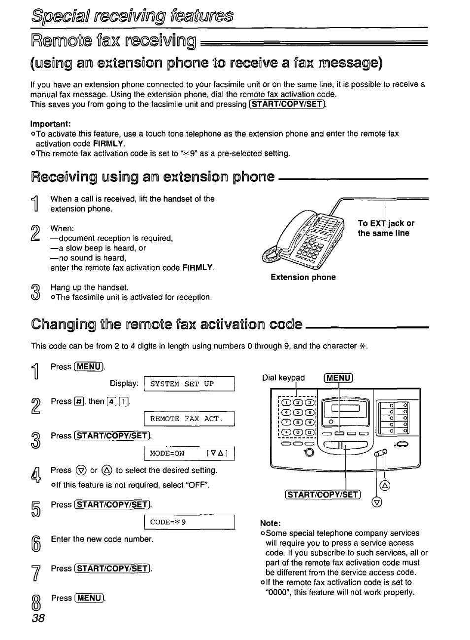 Important, Beceovimg usomg am extemsiom phome, Glhamgomg the remote fax actovatiom code | Press (start/copy/set), Press [start/copy/set, Note, Ir®m, I© te reseiwiinig | Panasonic KX-FP200 User Manual | Page 38 / 80