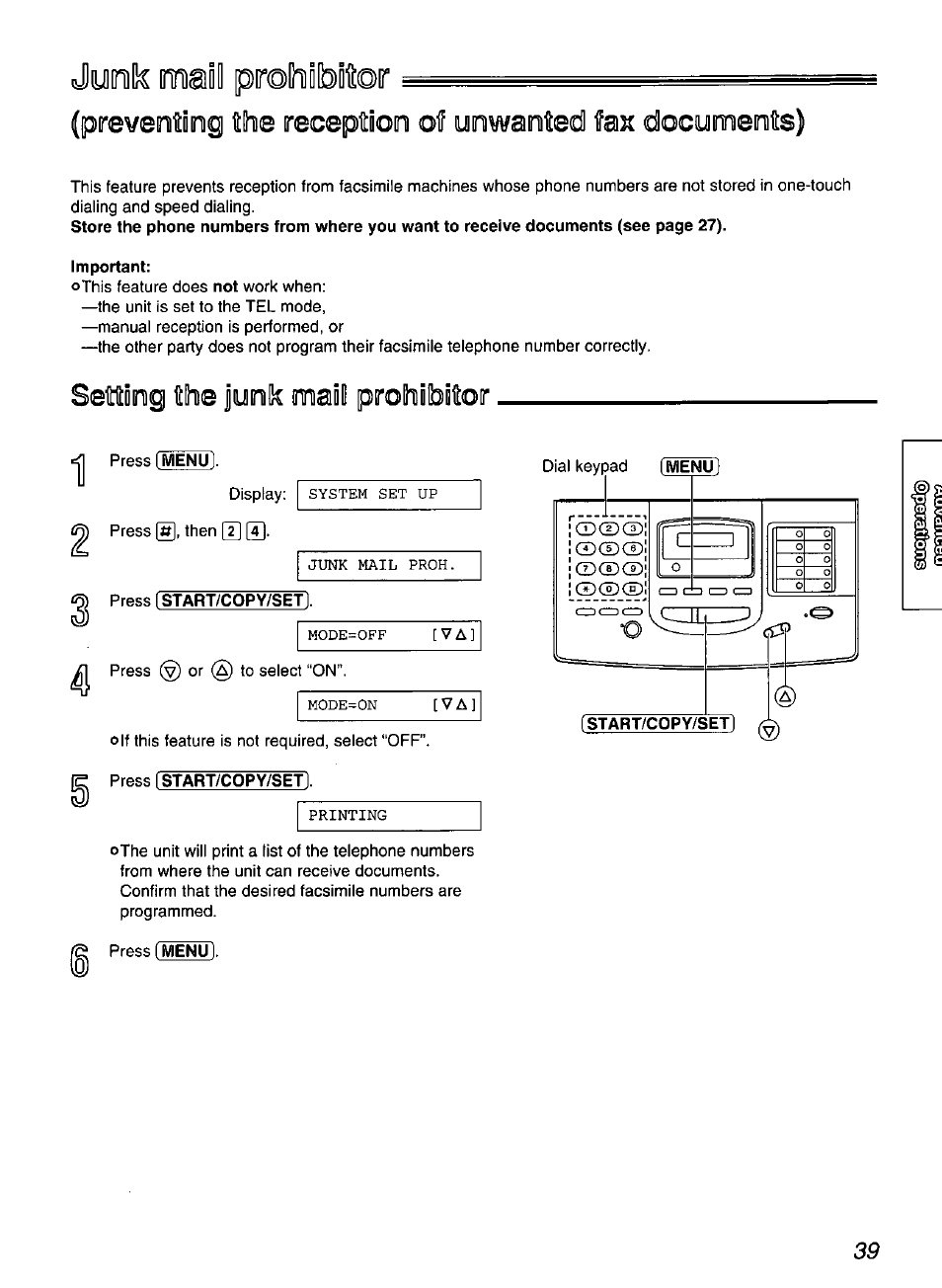 Important, Press (start/copy/set), Jyoik mail prohibntos | Panasonic KX-FP200 User Manual | Page 39 / 80