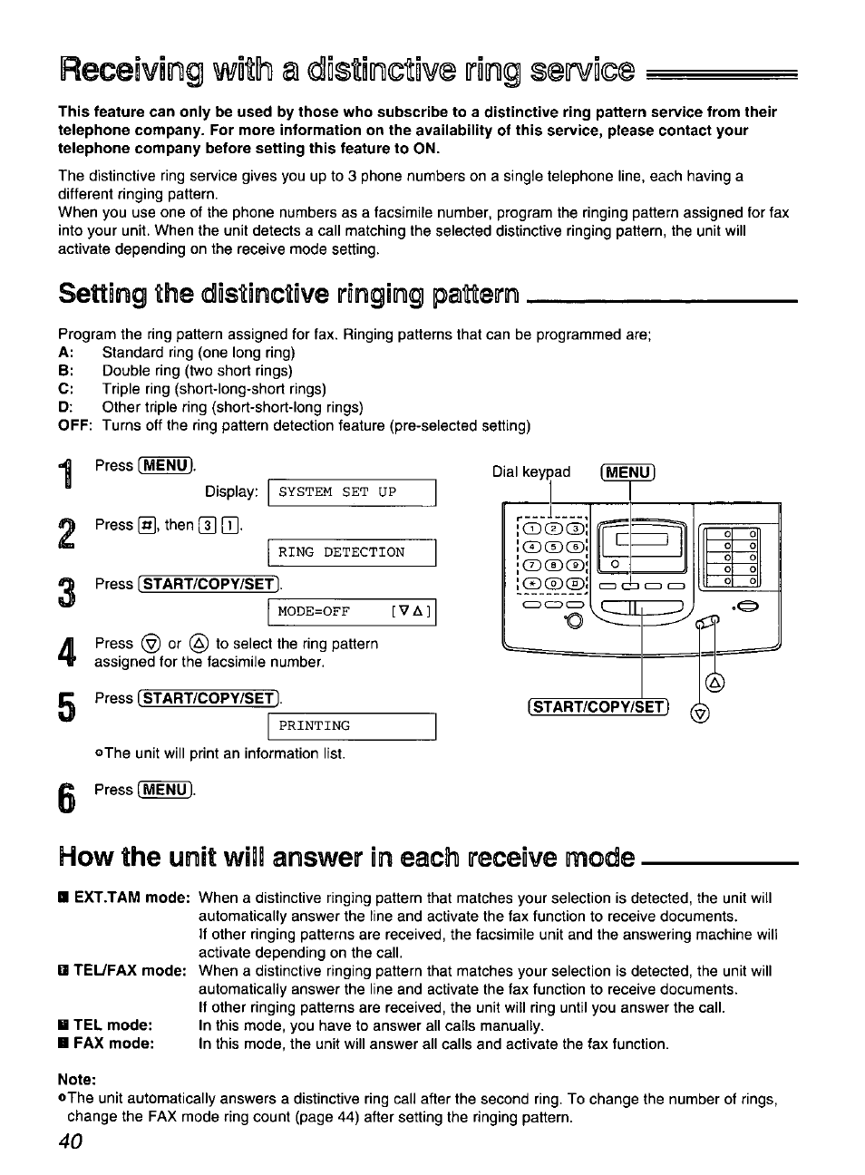 Receivang, Setting the distinctive ringing pattern, Press [menu) | Press [start/copy/setl, Press [start/copy/set, Press (menu, How the unit wii! answer in each receive mode, Note, Receivang s©ir¥i | Panasonic KX-FP200 User Manual | Page 40 / 80