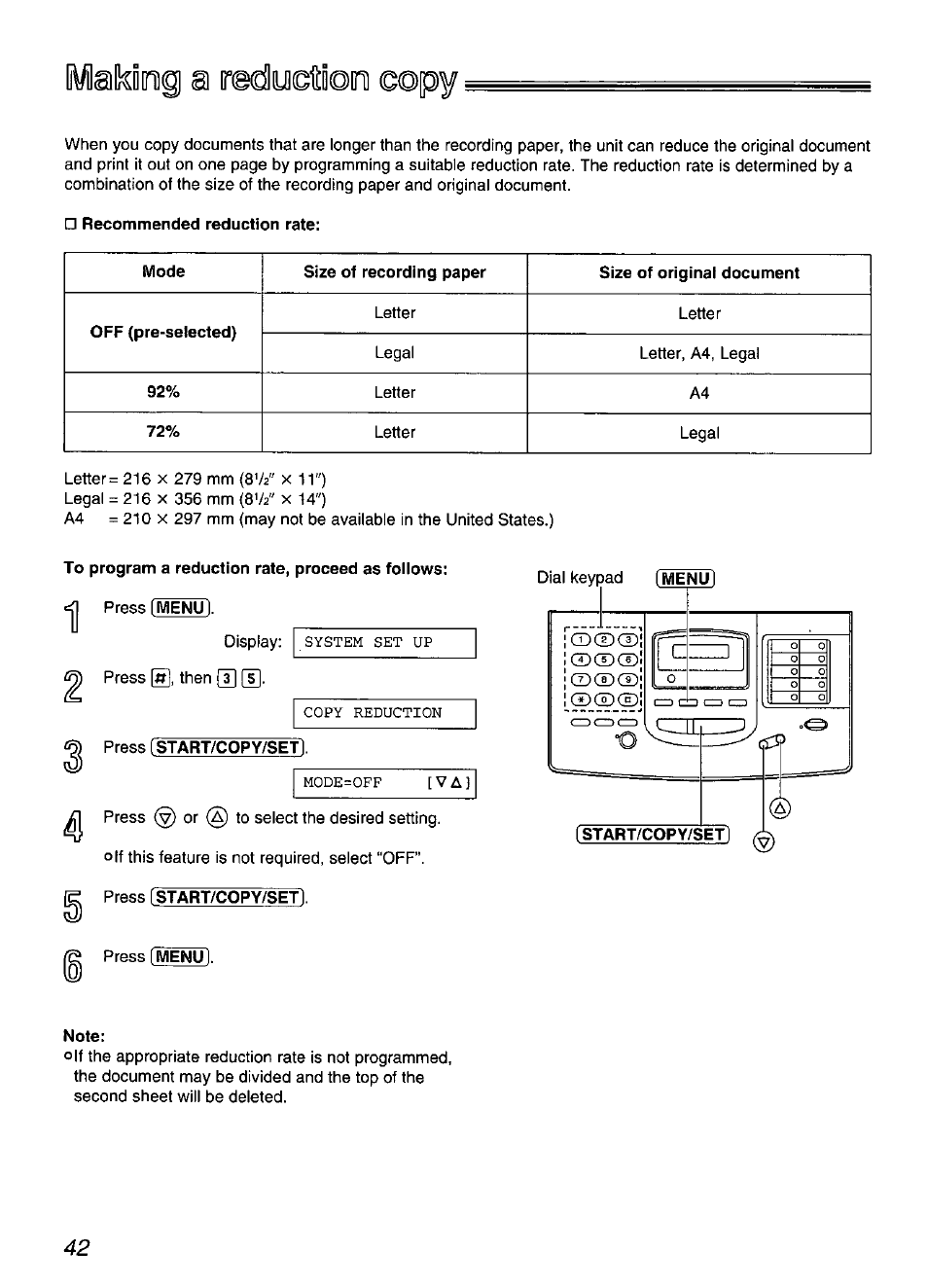 Ivialkidtig a ir0dly(sti©ini ©opy, Recommended reduction rate, To program a reduction rate, proceed as follows | Press (start/copy/setl, Note | Panasonic KX-FP200 User Manual | Page 42 / 80