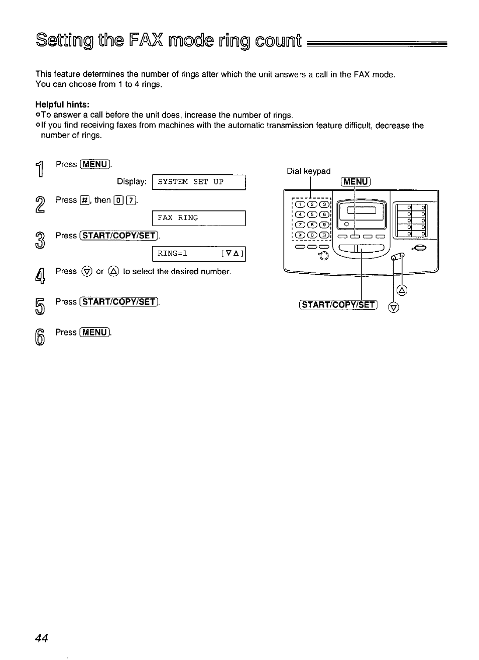 Helpful hints, Press [start/copy/set, Press start/copy/set | Setting tcie fax m©de ring eount | Panasonic KX-FP200 User Manual | Page 44 / 80