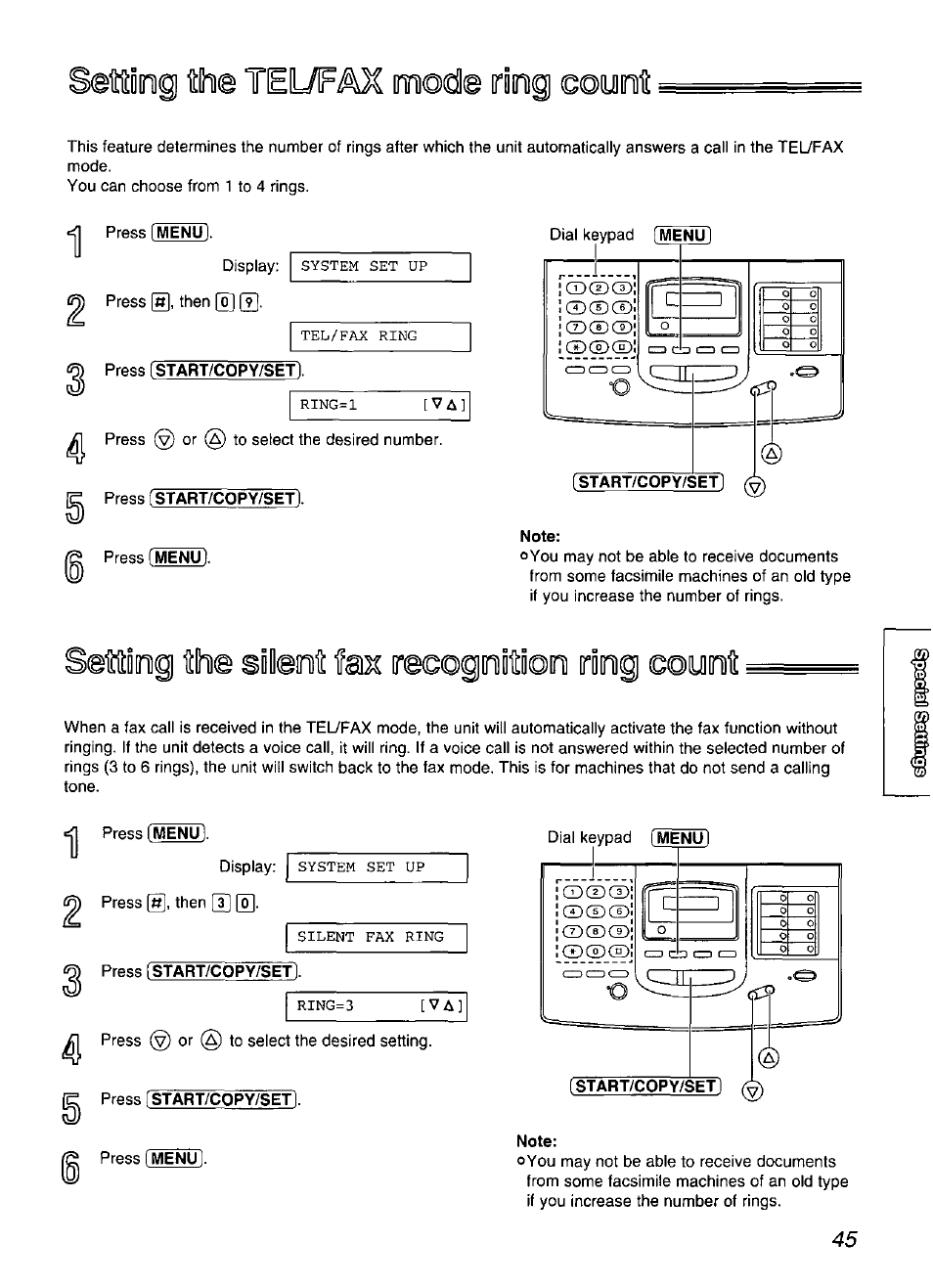 Setiing th® tel/fax mode riog munt, Press [start/copy/set, T№5ng 11lhi0 siteot im recogoitioii dmig coyoi | Setting the fax mode ring count, Munt, Setiing, Tel/fax mode riog, Ng 11lhi0 siteot, Recogoitioii dmig coyoi | Panasonic KX-FP200 User Manual | Page 45 / 80