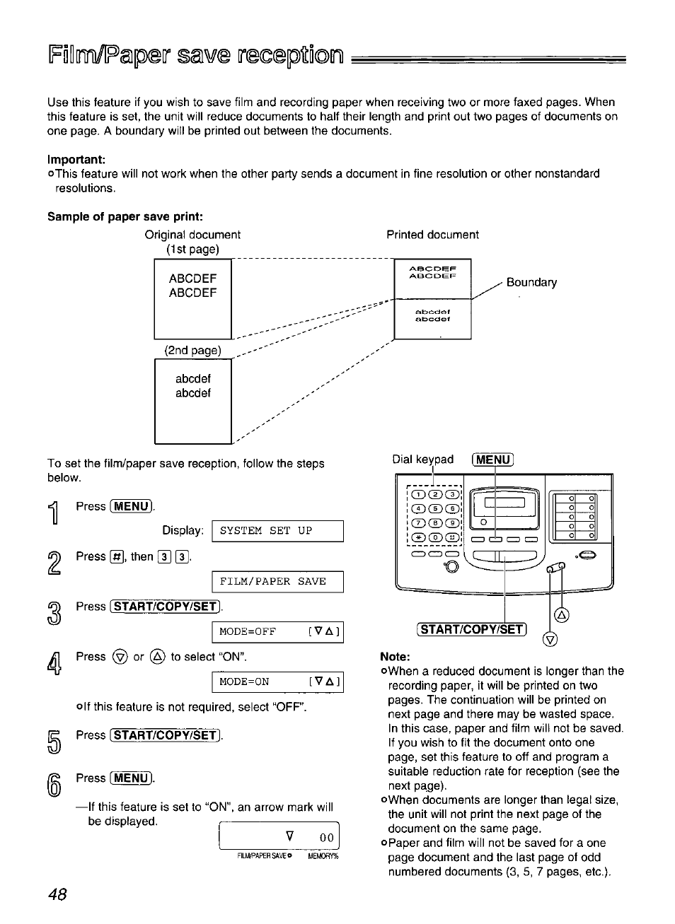 Fidoin/papar saws recsptioo, Important, Sample of paper save print | Press [start/copy/setj, Note | Panasonic KX-FP200 User Manual | Page 48 / 80