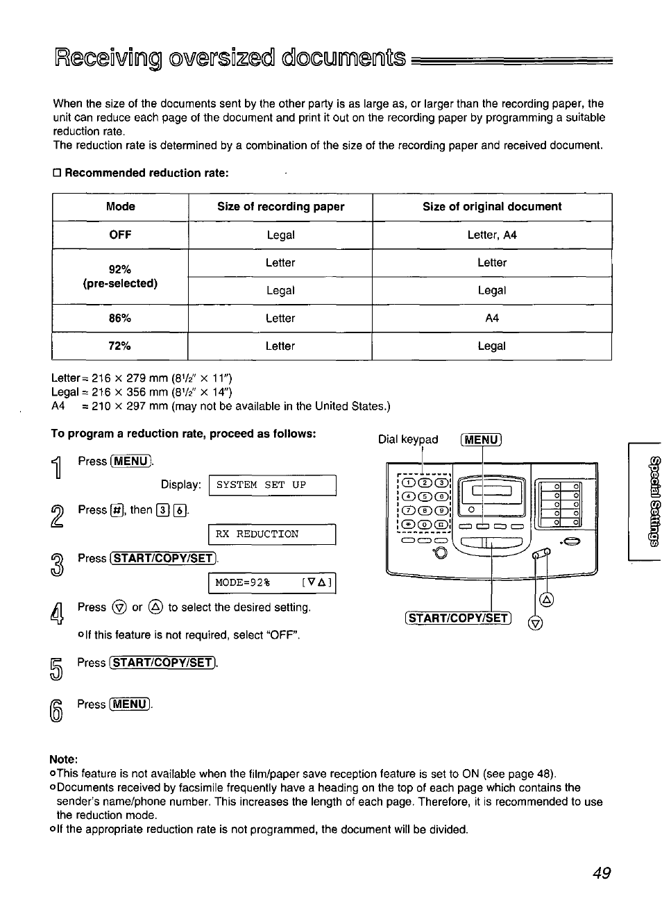 Rec©i¥imig owersiiedl dlocyinnieniti, To program a reduction rate, proceed as follows, Press [start/copy/setì | Panasonic KX-FP200 User Manual | Page 49 / 80