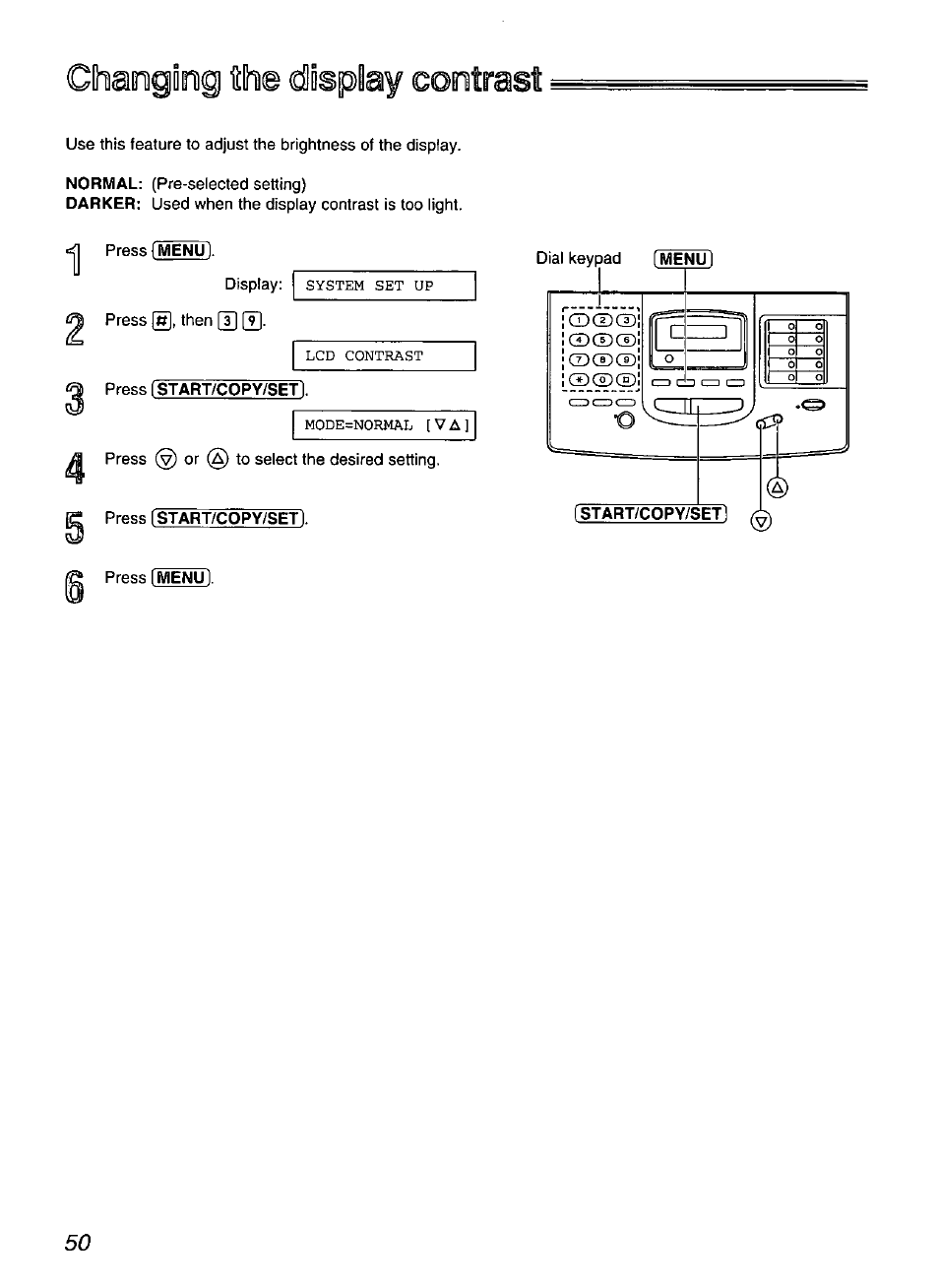 Clhaogmg №e display contrast, Start/copy/set | Panasonic KX-FP200 User Manual | Page 50 / 80