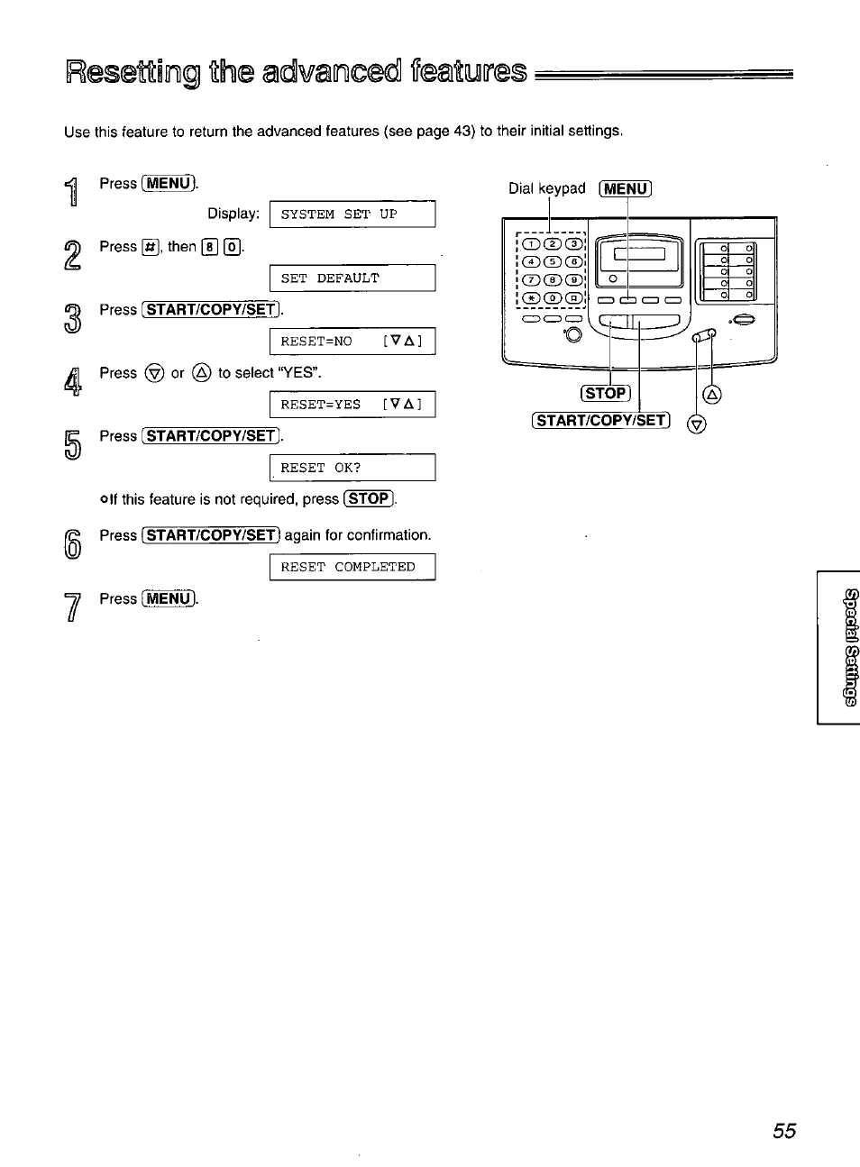 Resetting the advaneed featyres, Resetting the advanced features | Panasonic KX-FP200 User Manual | Page 55 / 80