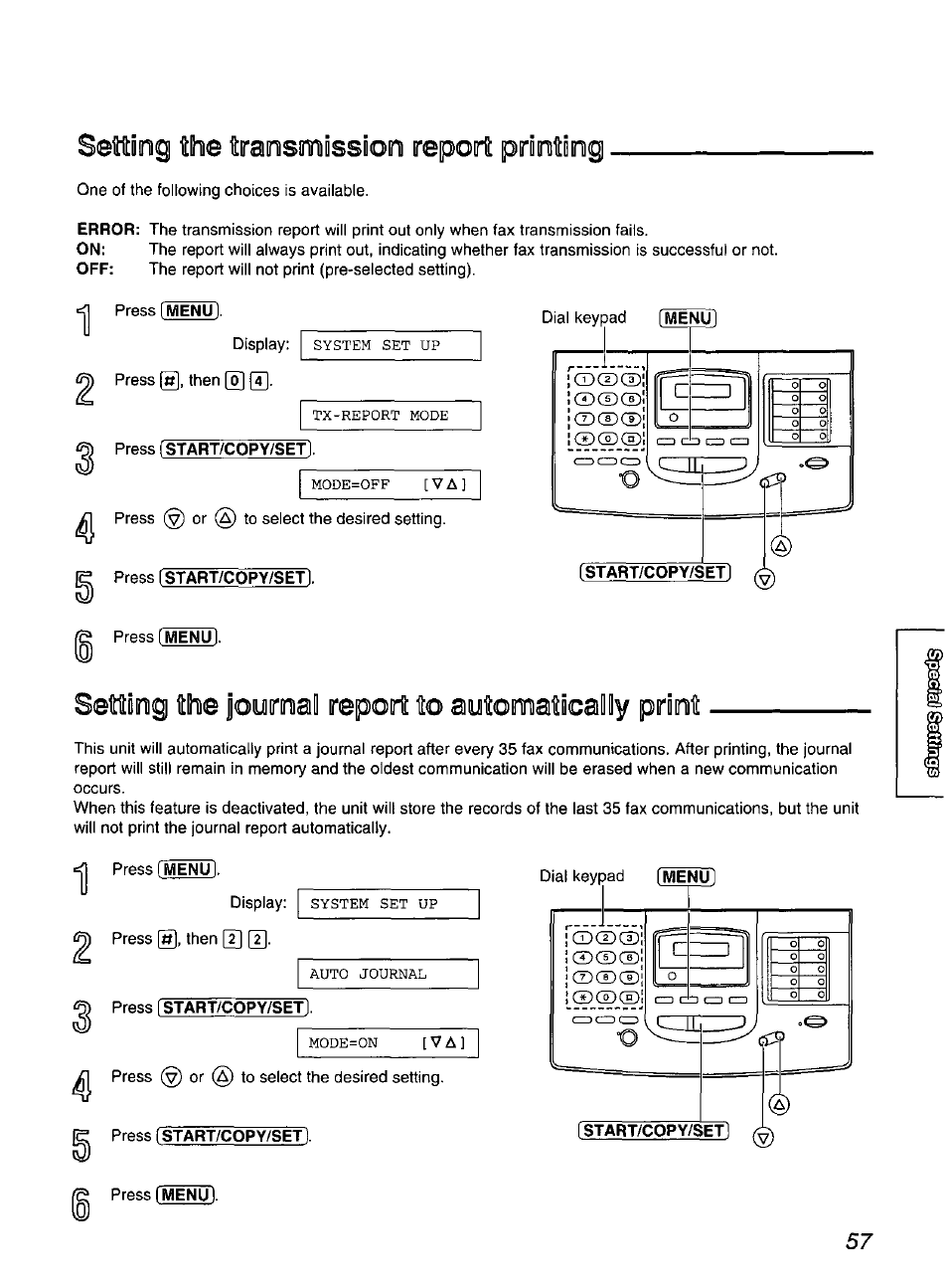 Setttoimg ihie tiraosimiiissioini repori prontiog, Setting the journal report to automatically print | Panasonic KX-FP200 User Manual | Page 57 / 80