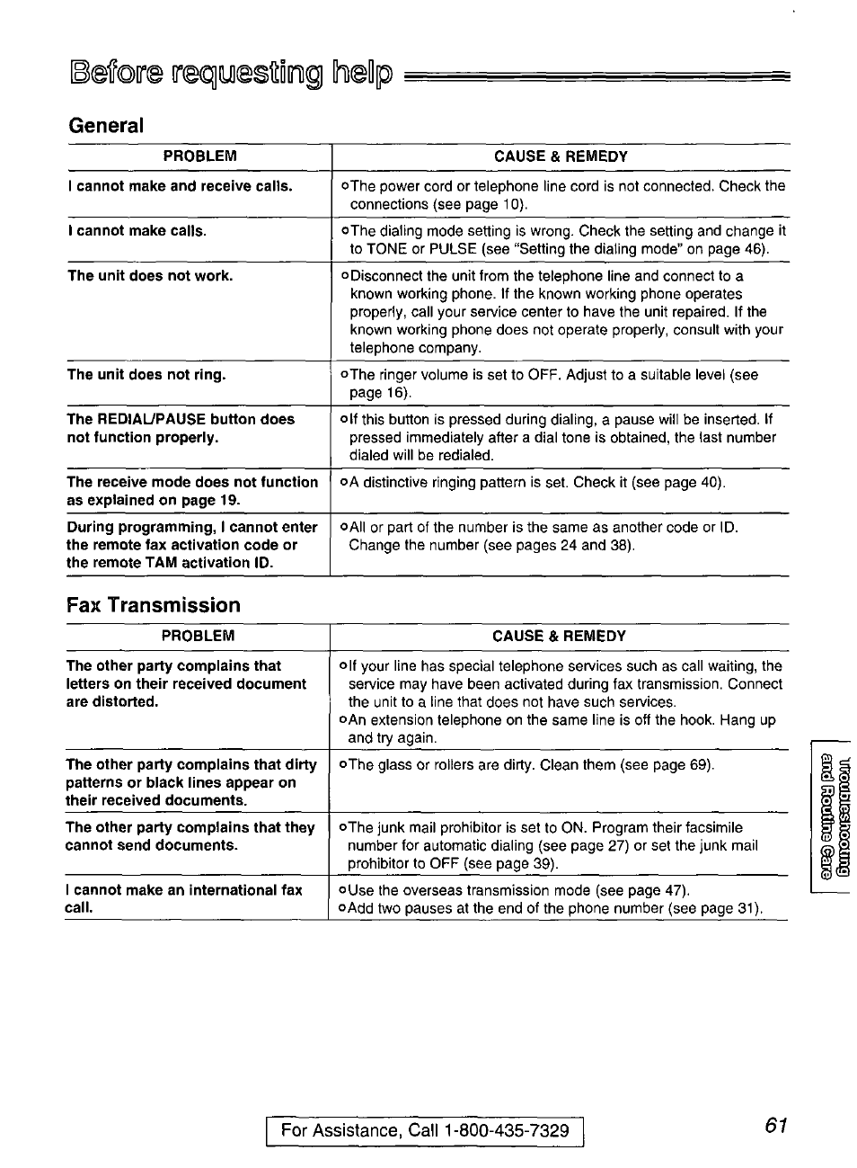Tore recgyesising help, General, Fax transmission | Panasonic KX-FP200 User Manual | Page 61 / 80