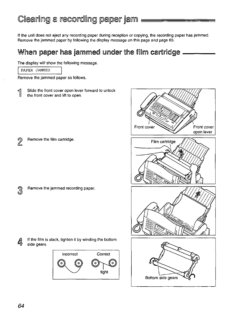 Clearidig a racoirdiiirìg paper jam, Wheni paper has jammed undeir №e film cairitridge, Clearing a recording paper jam | Panasonic KX-FP200 User Manual | Page 64 / 80