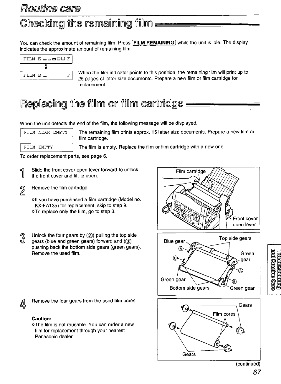 Clh@(dlkiiinig slhie iremaiiiniiiiriig film, Repladog ite film oir film garfidclge, Replacing the film or film cartridge | Panasonic KX-FP200 User Manual | Page 67 / 80