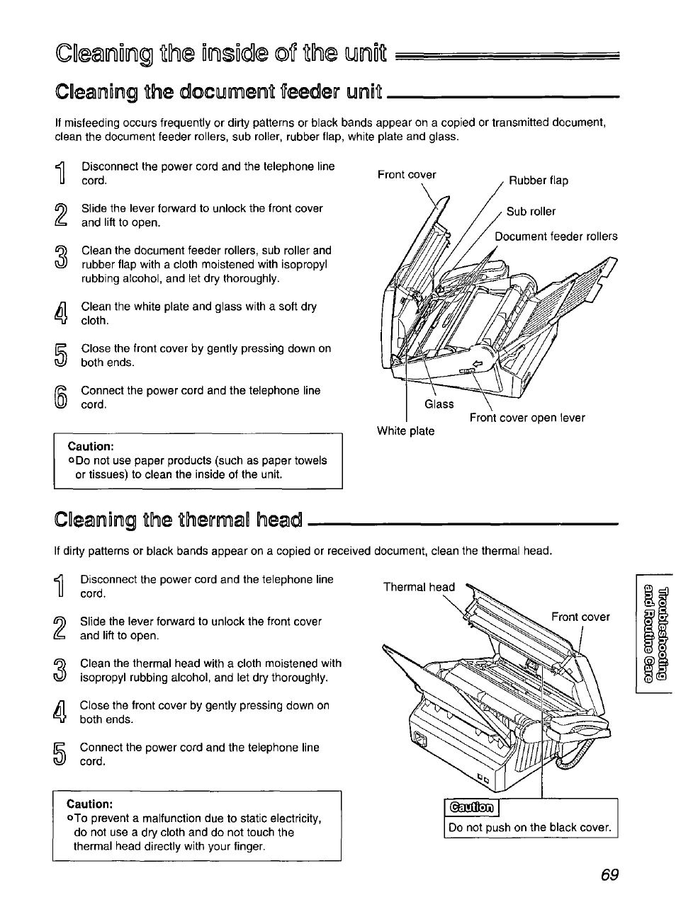 Cleainiiniq tthe documeott feedeir, Caution, Cleaning the thermal head | Th<s, Oeamiinig, Imside @f the unit | Panasonic KX-FP200 User Manual | Page 69 / 80