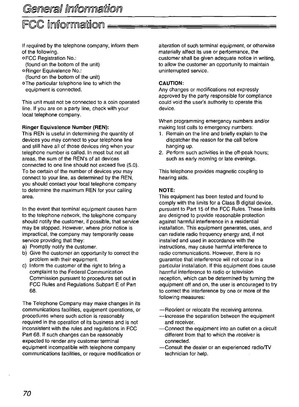 Geneml momaiim fgc diifomahiomi, Ringer equivalence number (ren), Caution | Note, Geneml momaiim, Fgc diifomahiomi | Panasonic KX-FP200 User Manual | Page 70 / 80
