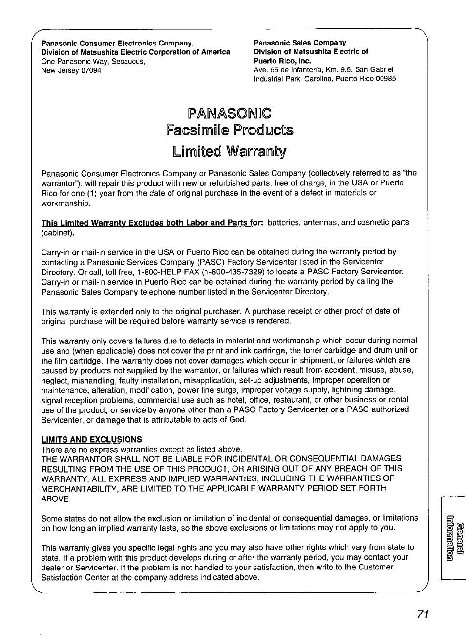 Facsimile products, Limits and exclusions | Panasonic KX-FP200 User Manual | Page 71 / 80