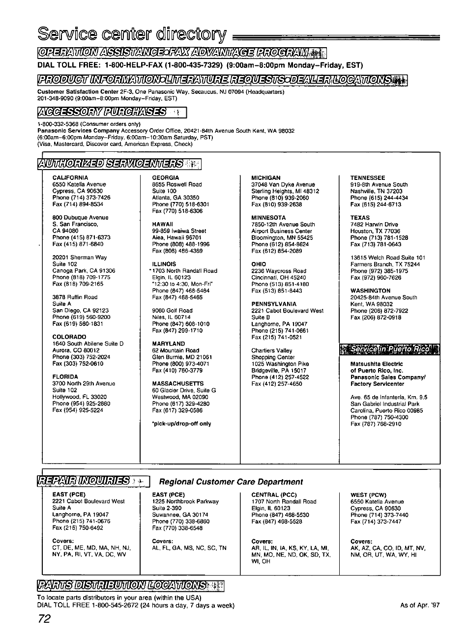 It¥dge œmiteir dlirectoiry, Wemssmbtyámmmses, Regional customer care department | Mmimmimm | Panasonic KX-FP200 User Manual | Page 72 / 80