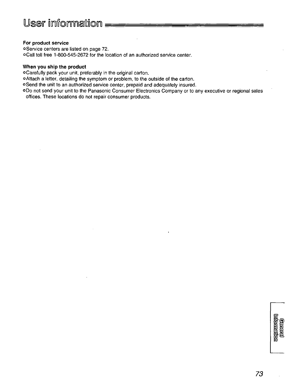 User ii[iif©rinniatii©ini, For product service, When you ship the product | Panasonic KX-FP200 User Manual | Page 73 / 80
