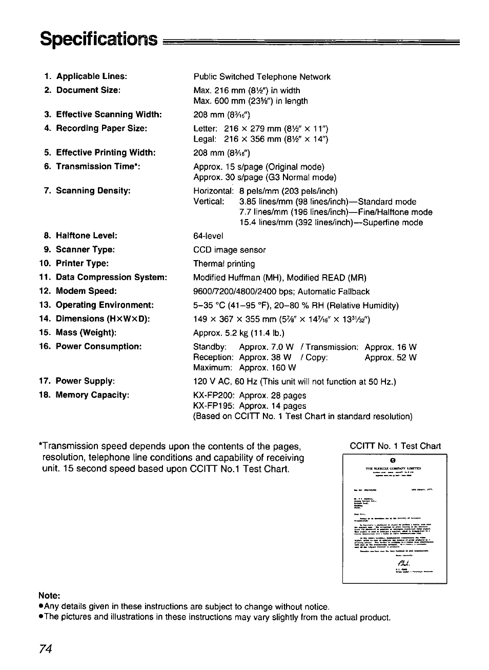 Note, Specifications | Panasonic KX-FP200 User Manual | Page 74 / 80