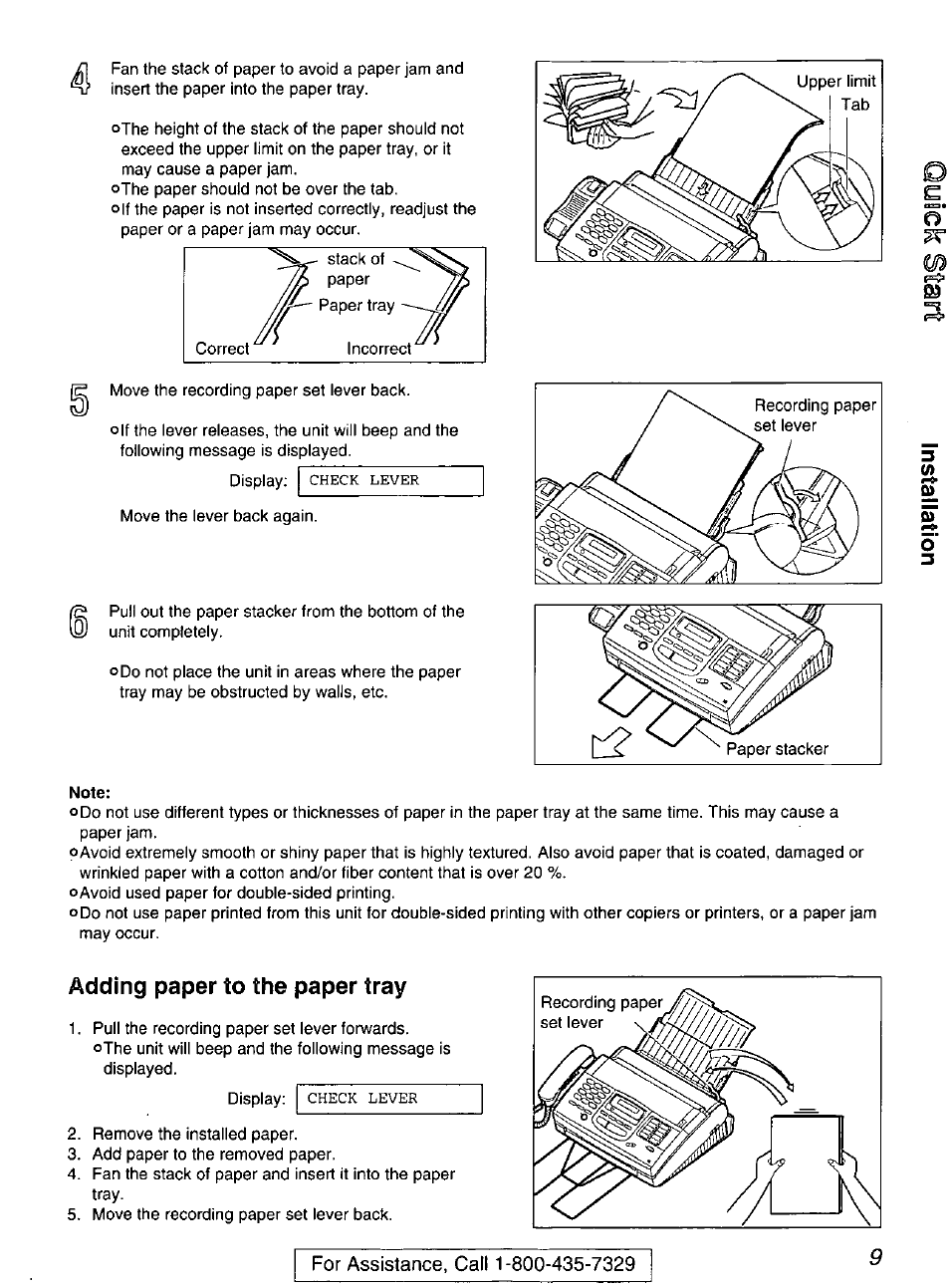 Note, Adding paper to the paper tray | Panasonic KX-FP200 User Manual | Page 9 / 80