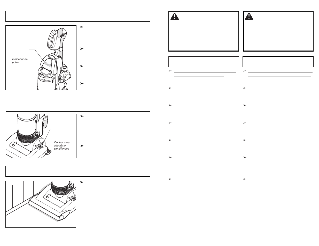 Avertissement, Advertencia, Dirt sensor | Carpet/bare floor selector, Edge cleaning | Panasonic MC-UL915 User Manual | Page 20 / 72