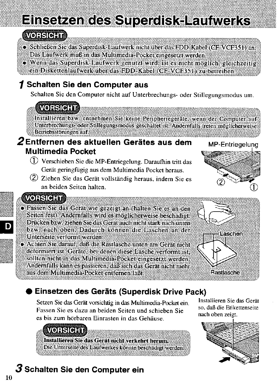 I schalten sie den computer aus, Einsetzen des geräts (superdisk drive pack), 3 schalten sie den computer ein | Schalten sie den computer aus, Schalten sie den computer ein | Panasonic CF-VFS721 User Manual | Page 10 / 16