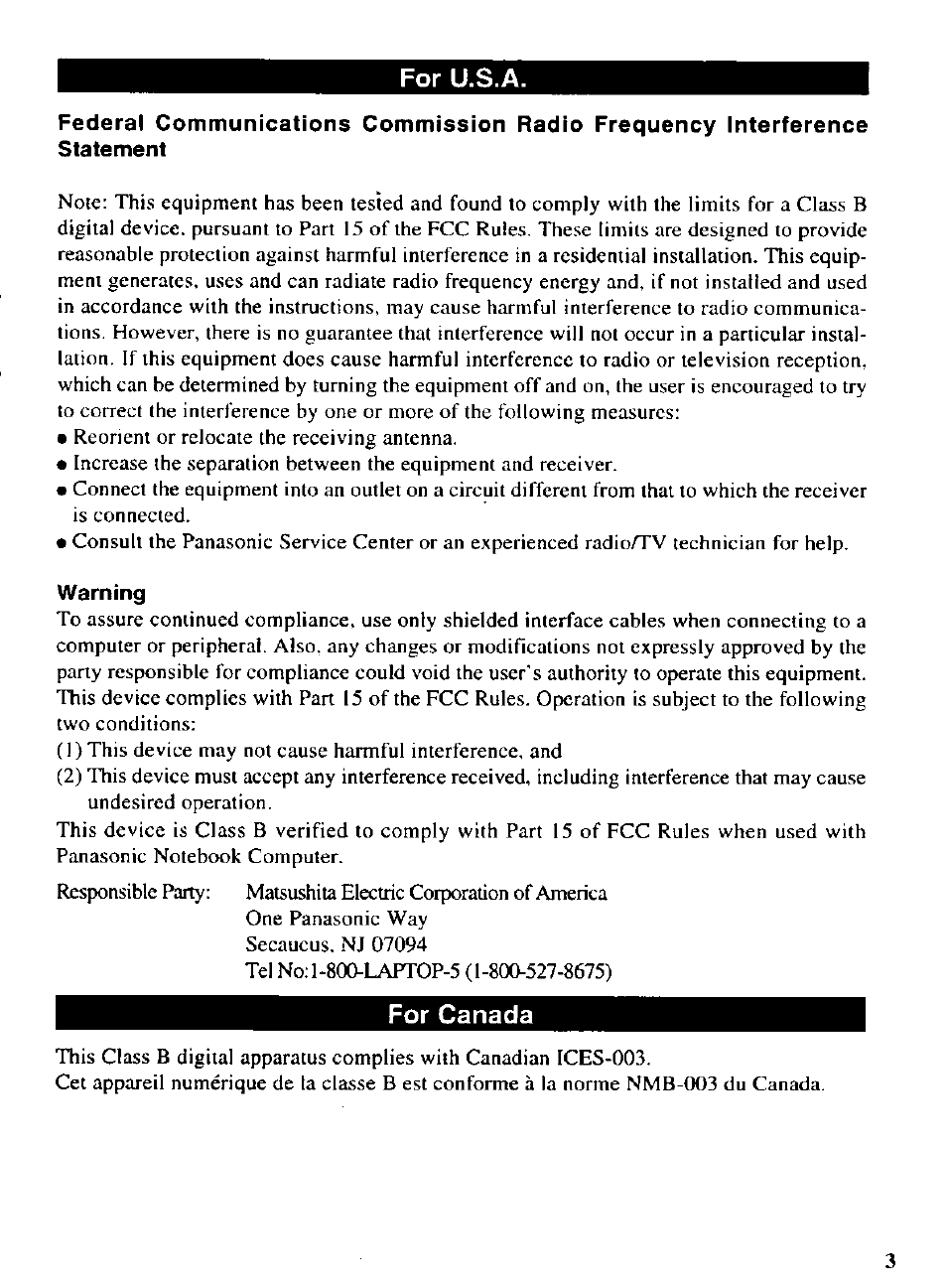 For u.s.a, Warning, For canada | Panasonic CF-VFS721 User Manual | Page 3 / 16