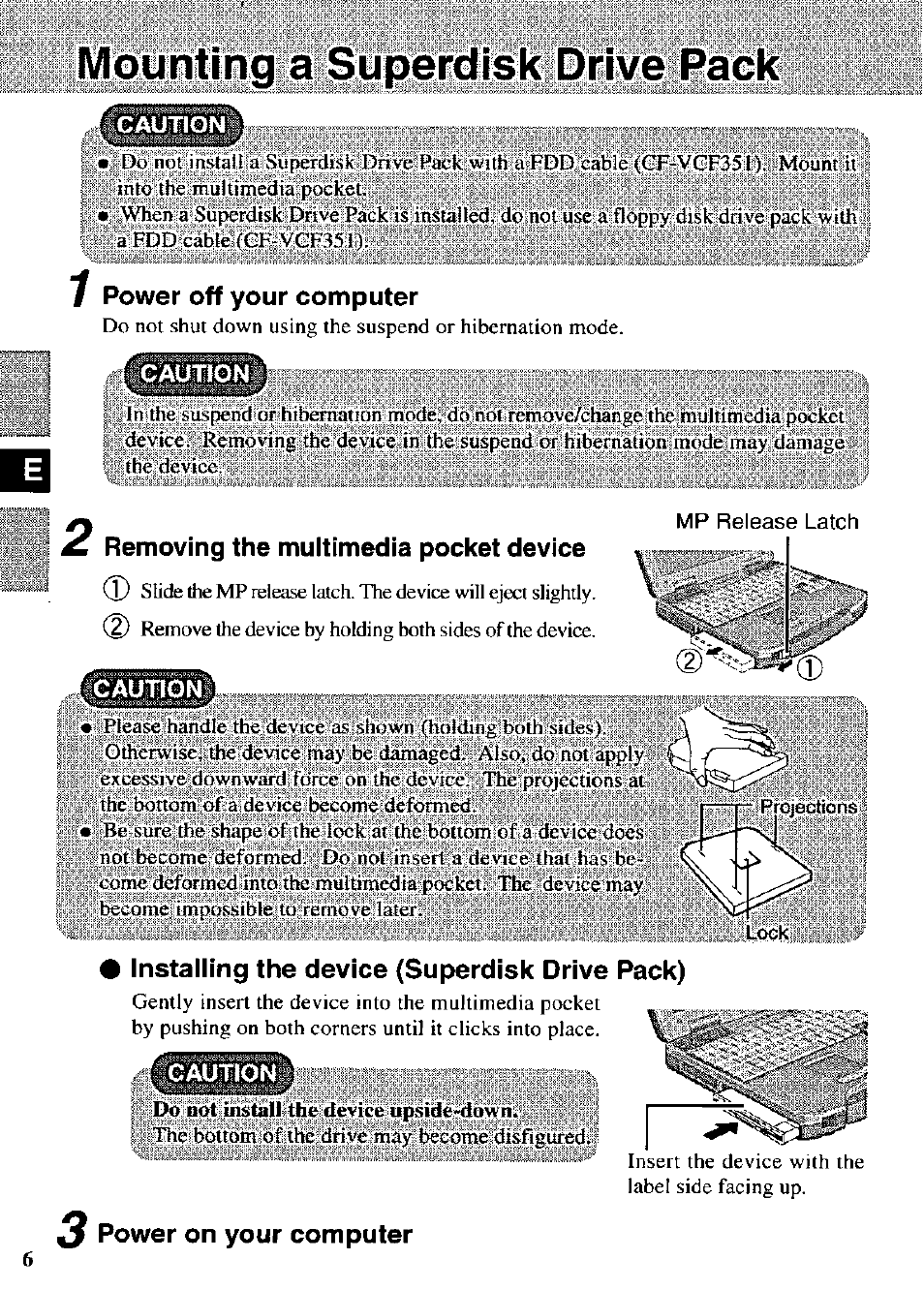 Power off your computer, Removing the multimedia pocket device, Installing the device (superdisk drive pack) | 3 power on your computer, Power on your computer, Fd6''not':imtauithe':devicc’iipsi3e«b6wriitels | Panasonic CF-VFS721 User Manual | Page 6 / 16