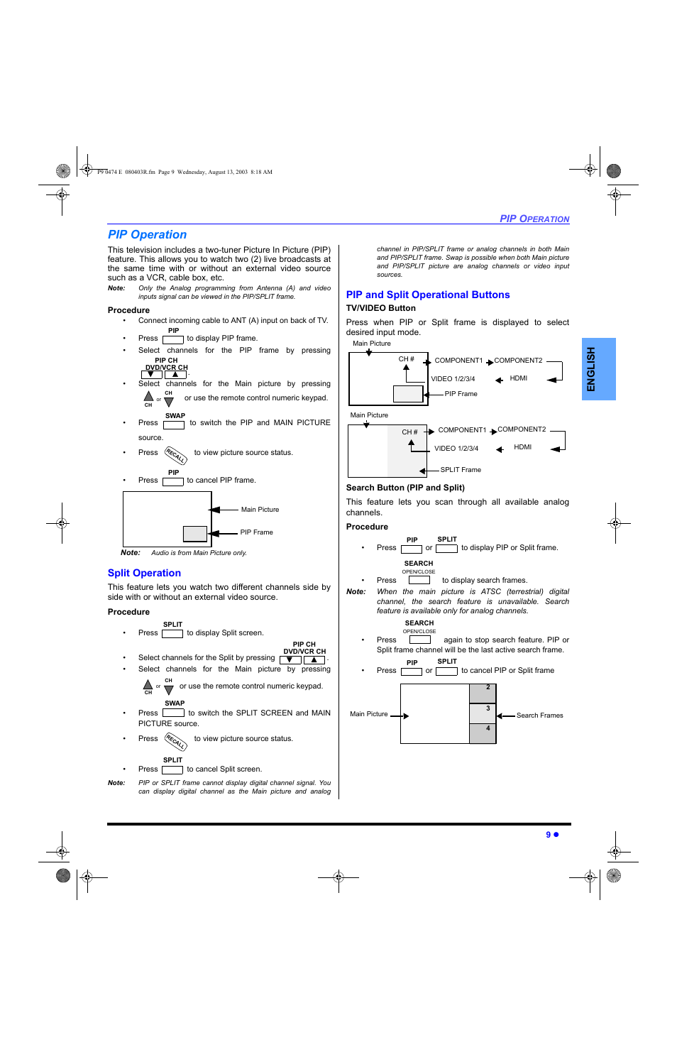 Pip operation, Split operation, Pip and split operational buttons | Tv/video button, Search button, Move button, Pip o, English | Panasonic PT-53WXD63 User Manual | Page 11 / 88