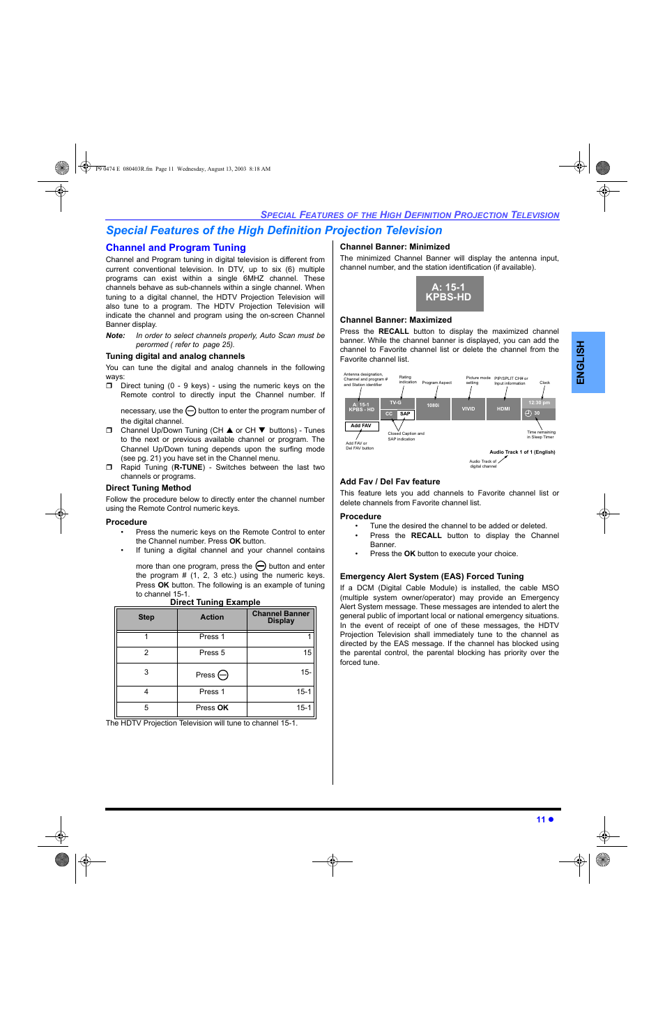 English, Channel and program tuning, A: 15-1 kpbs-hd | Panasonic PT-53WXD63 User Manual | Page 13 / 88