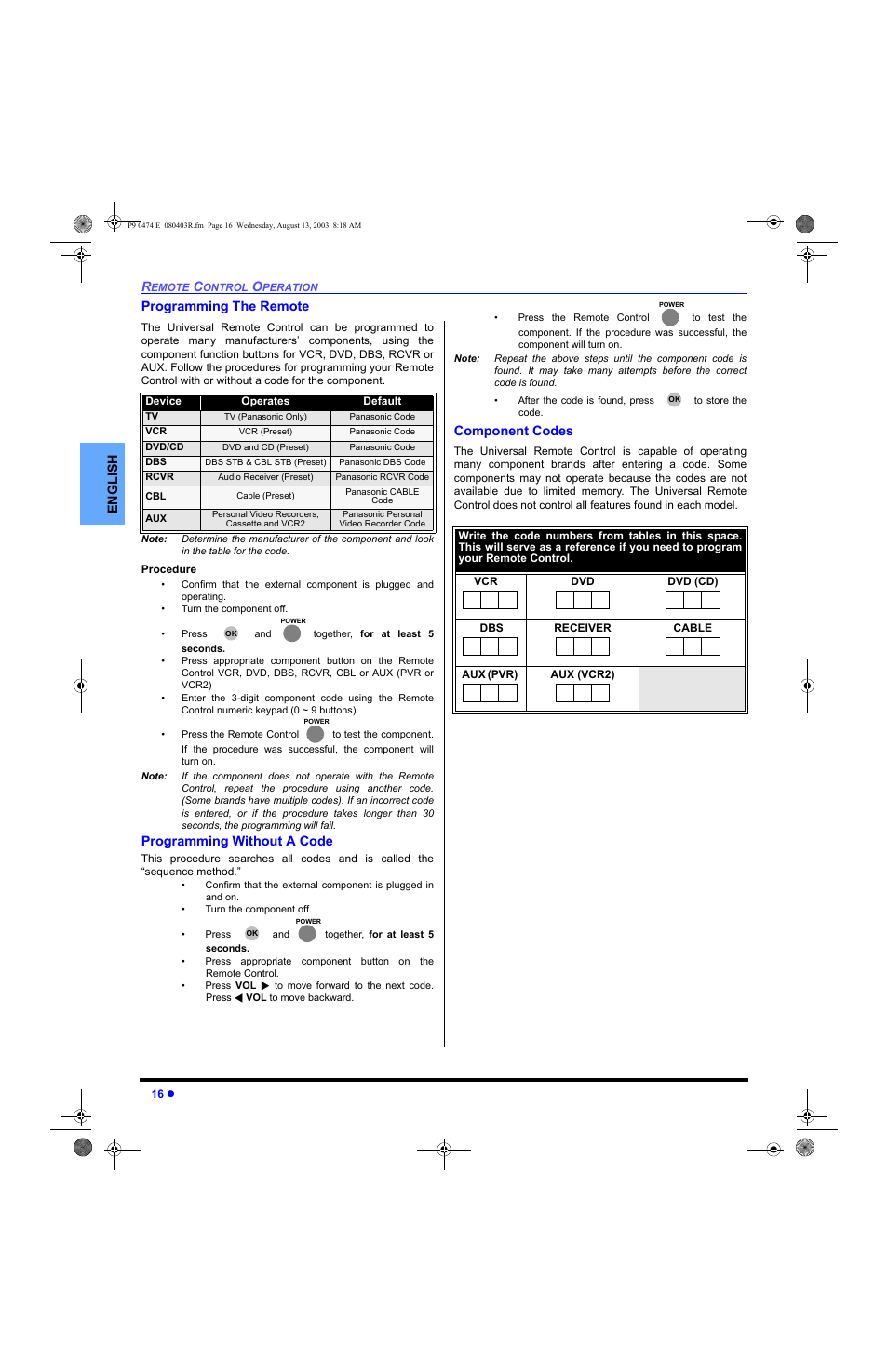 Programming the remote, Programming without a code, Component codes | English programming the remote | Panasonic PT-53WXD63 User Manual | Page 18 / 88