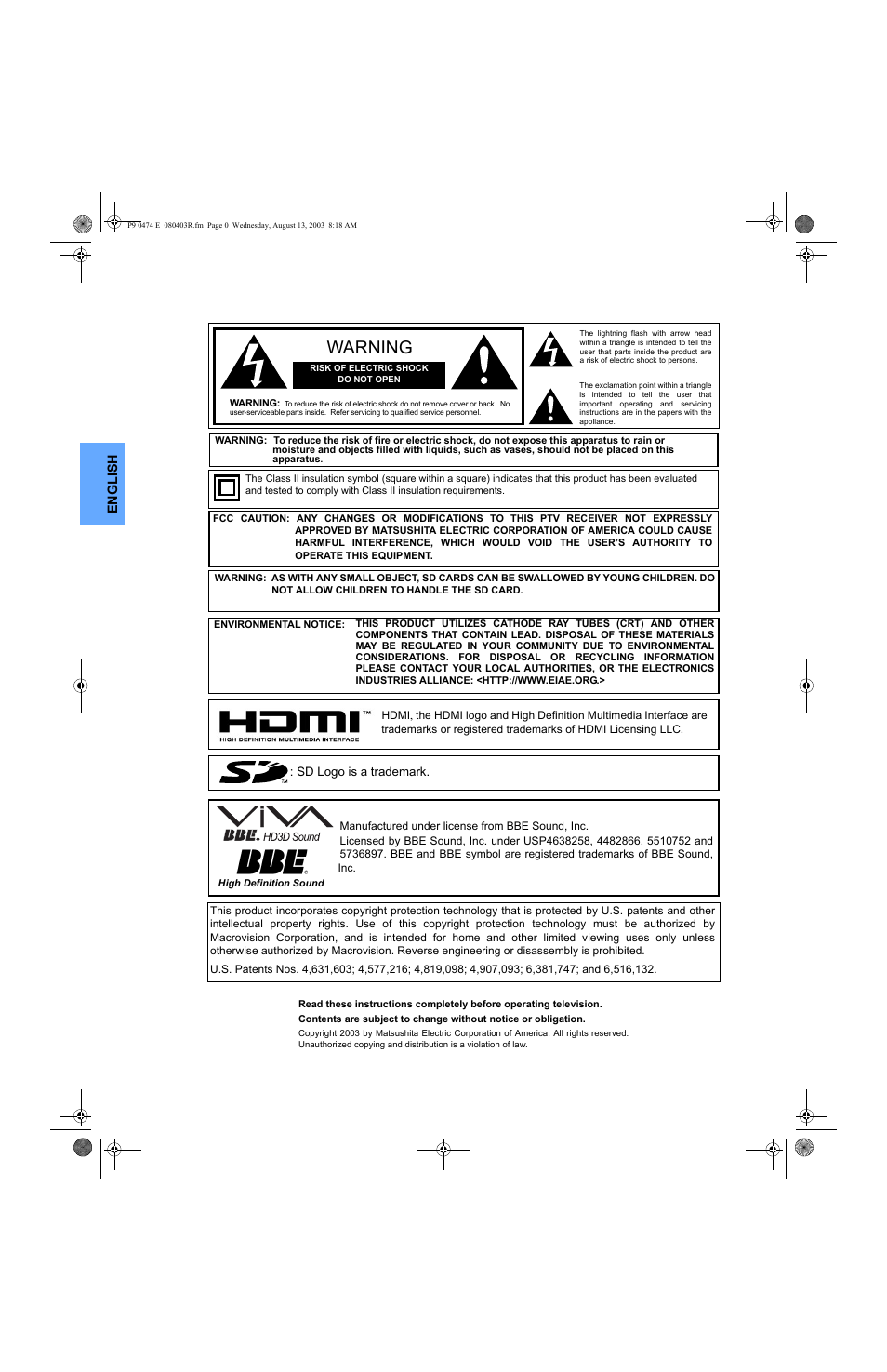 Warning, English | Panasonic PT-53WXD63 User Manual | Page 2 / 88