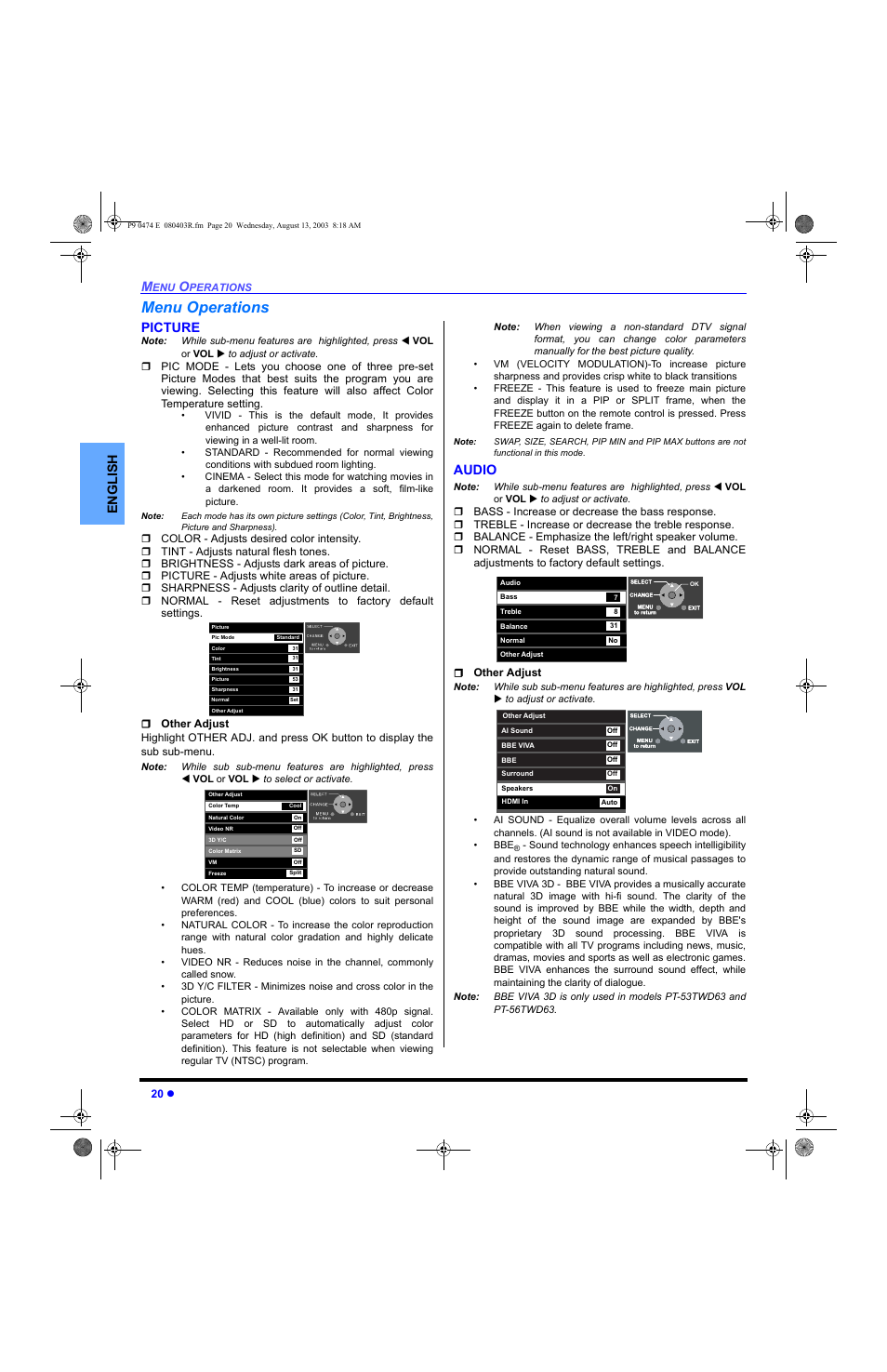 Menu operations, Picture, Audio | English | Panasonic PT-53WXD63 User Manual | Page 22 / 88