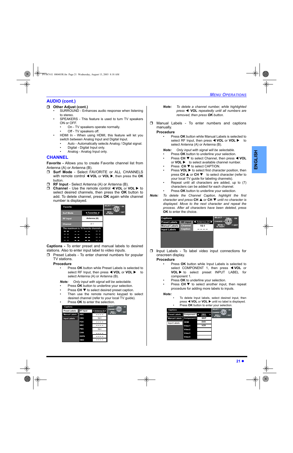 Channel, English audio (cont.) | Panasonic PT-53WXD63 User Manual | Page 23 / 88