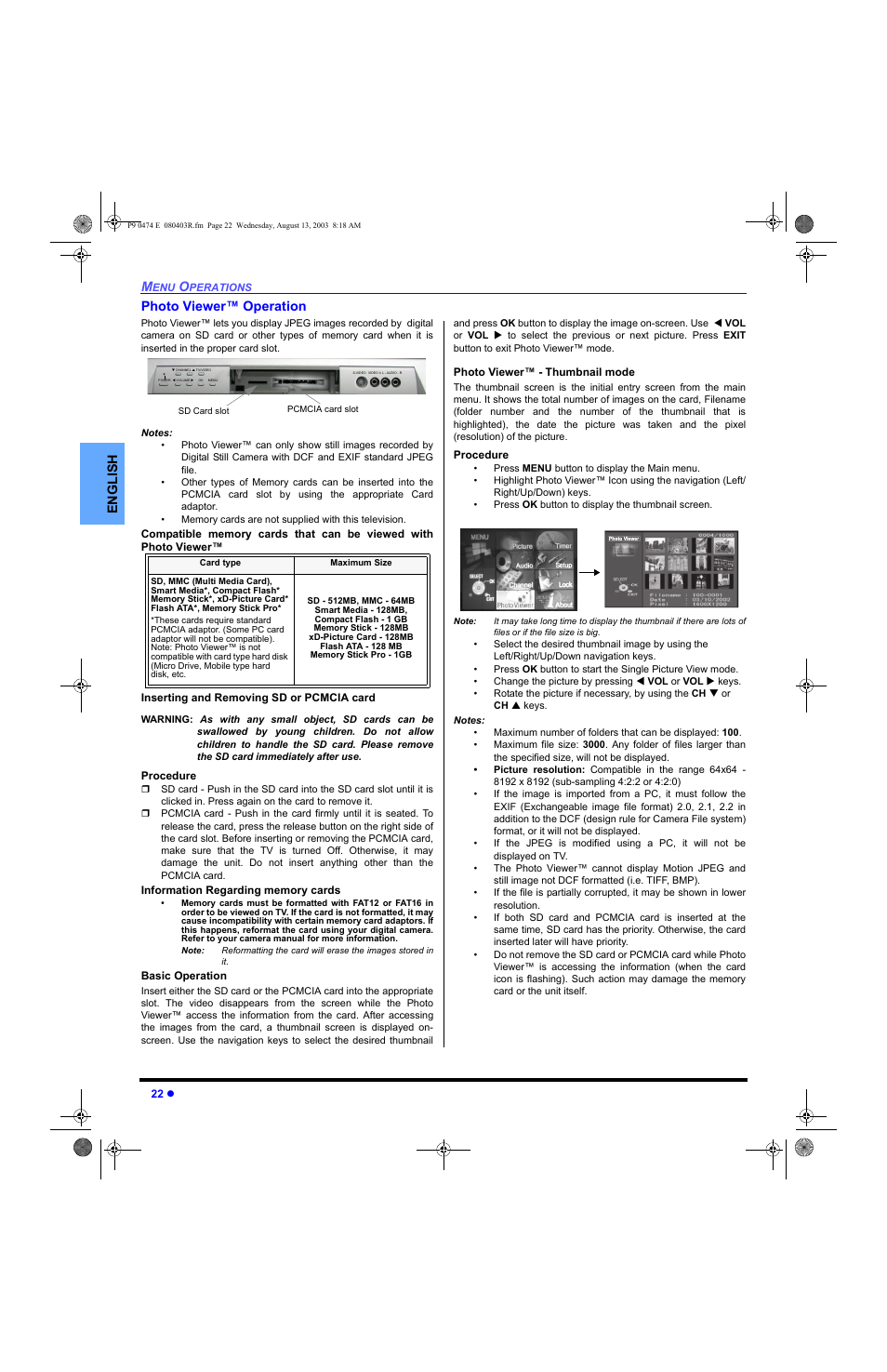 Photo viewer operation, English photo viewer™ operation | Panasonic PT-53WXD63 User Manual | Page 24 / 88