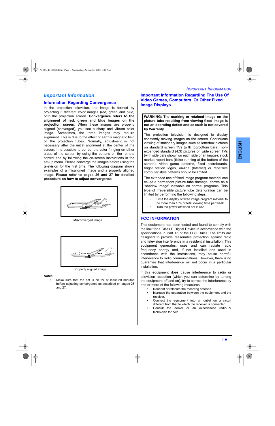 Important information, Information regarding convergence | Panasonic PT-53WXD63 User Manual | Page 3 / 88