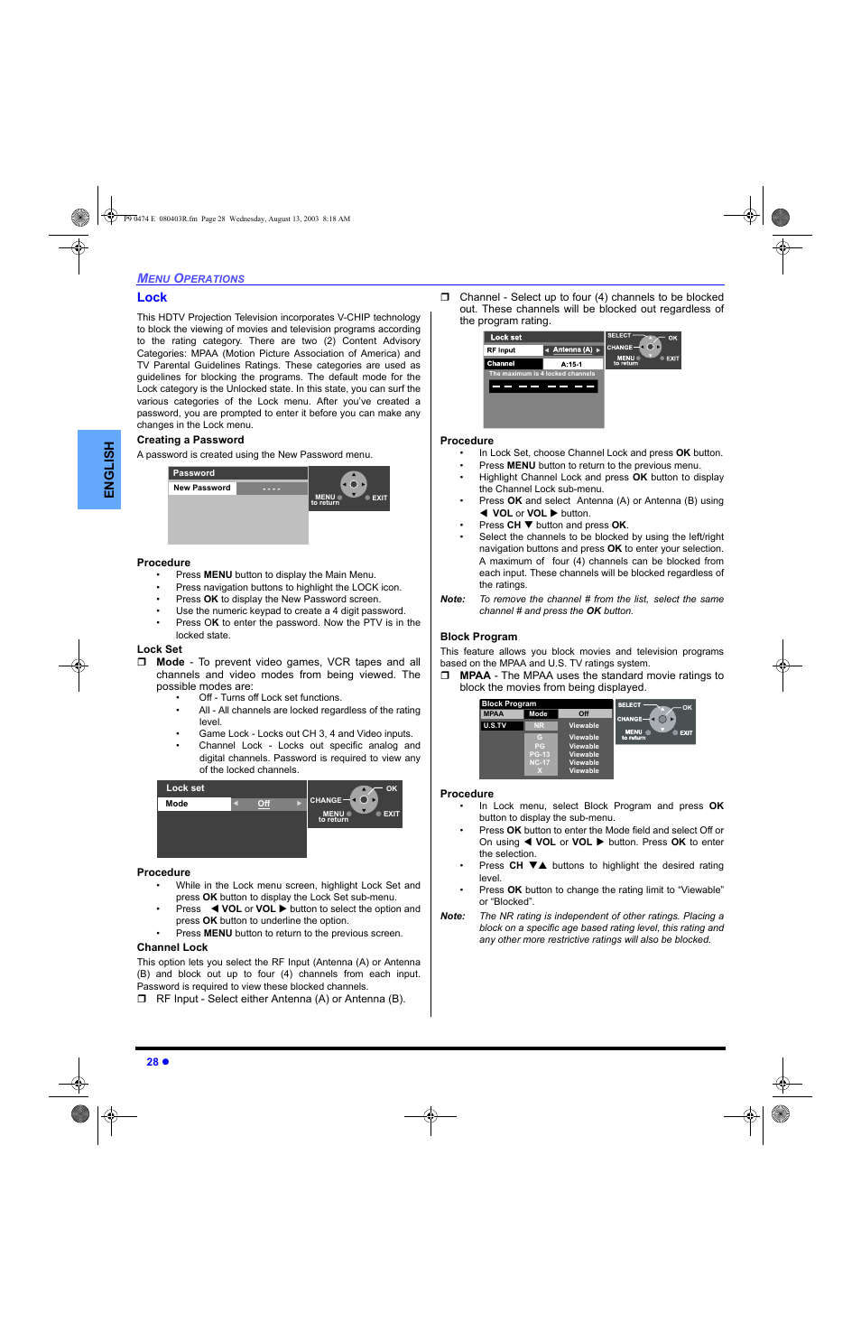 Lock, English lock | Panasonic PT-53WXD63 User Manual | Page 30 / 88