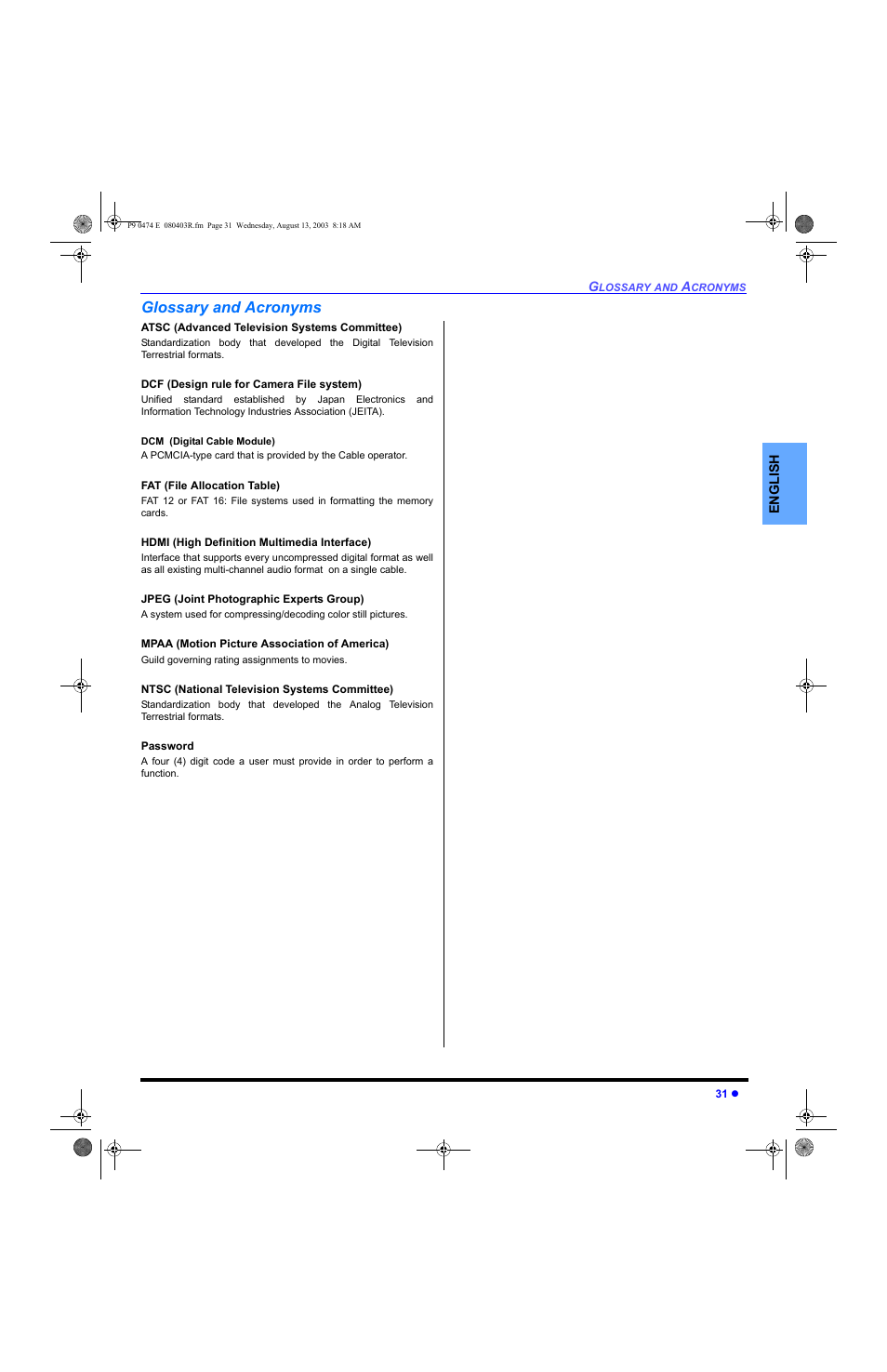 Glossary and acronyms | Panasonic PT-53WXD63 User Manual | Page 33 / 88