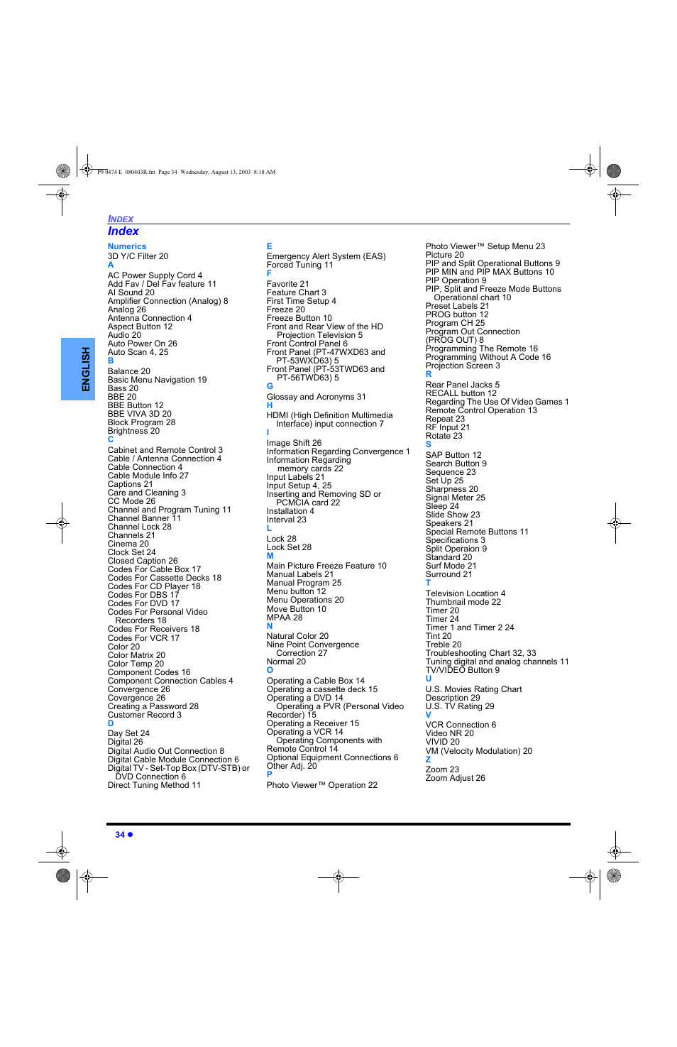 Index | Panasonic PT-53WXD63 User Manual | Page 36 / 88